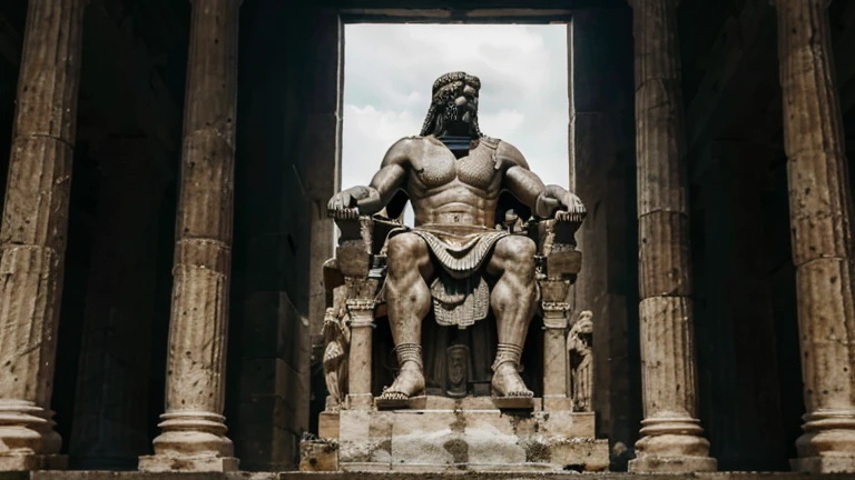 "A dark landscape image of an ancient greek society deeply connected to stoicism, black and white, ancient greek architecture, include one single big statue of a stereotypical strong greek man, marcus aurelius --ar 16:9--style G4JuqKlERum6vZGYhO9USsL"