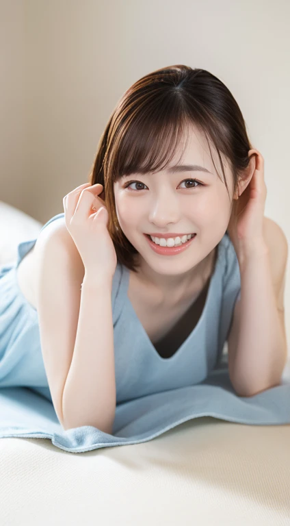 Beautiful, clear white skin、Full Body Shot、Beautifully detailed face、1 Japanese female、Adorable smile、On the bed、Swimsuit、Grey mini skirt、highest quality、Very delicate and beautiful 8K、Very high resolution、Beautiful detailed girl、Realistic、Portrait、On all fours