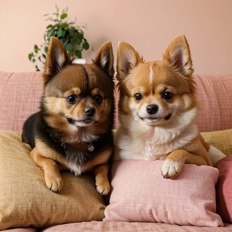 2694417826 two small Dogs sitting on a couch with a pillow and a pillow, a Romain Brook pastel, reddit, pop art, Pomeranian, Pomeranian mix, two Dogs, cute, high-quality upload, cuddly!!! , Dogs, beautiful, they're very serious, both smiling at the camera, cute, cute faces,