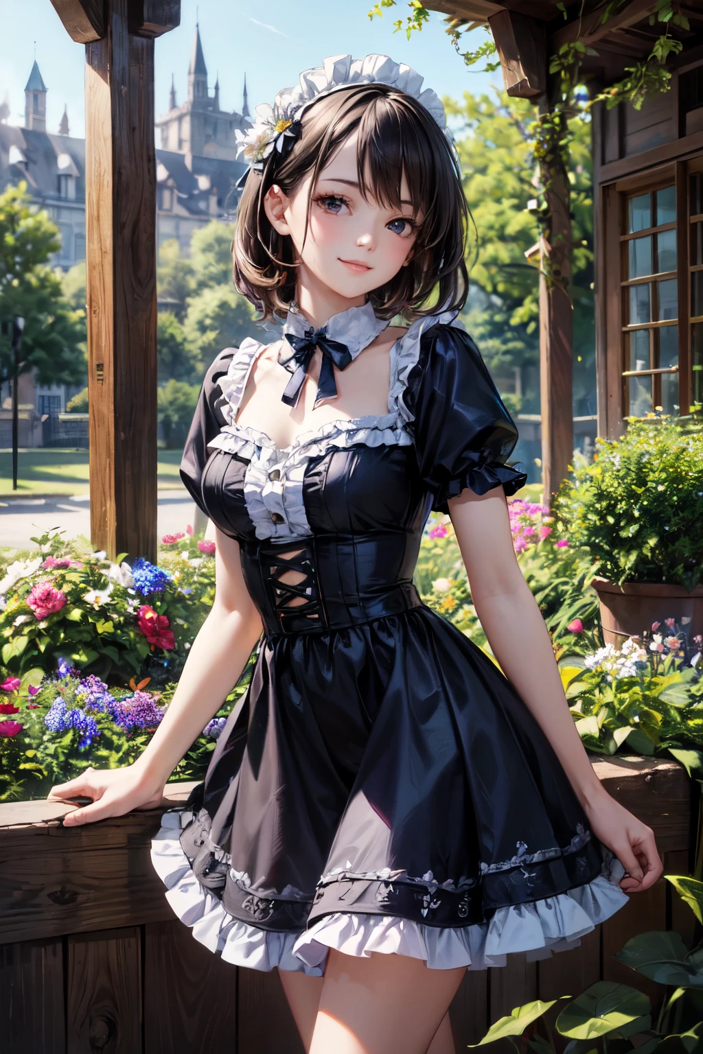 (dynamicposes:1.4), (dynamic ungle:1.4), Romper (细致背景:1.4)、hyper detailed background、(Floating light blue clouds:1.4)、(Floating blue flowers:1.4)、 Romper (perfect anatomia、perfect hand:1.4)、(Perfect five fingers:1.4)、(Perfect 4 long fingers and perfect short thumb:1.4)、(Thumb shorter than the other 4 fingers:1.4)、(Perfect two arms:1.4)、(Perfect two legs:1.4)、((top-quality、8K、​masterpiece:1.3))、1girl in、A smile、full body Esbian、Slim Faces、Pretty women、(dark brown  hair)、hyperdetailed face、A detailed eye、二重まぶた、blured background、Slim Faces、Cute、extremely delicate and beautiful girl、Happy smiling face、Overall、ultra-detailliert、4K、masutepiece、small mouth、Colossal tits、bura、Underpants、a short skirt,high waist skirt,high-necked,Sleeveless,bob cuts,long boots,ultra-detailliert, 4K, masutepiece,Smile,small mouth,white  shirt、Skirts that show the body line、low angles