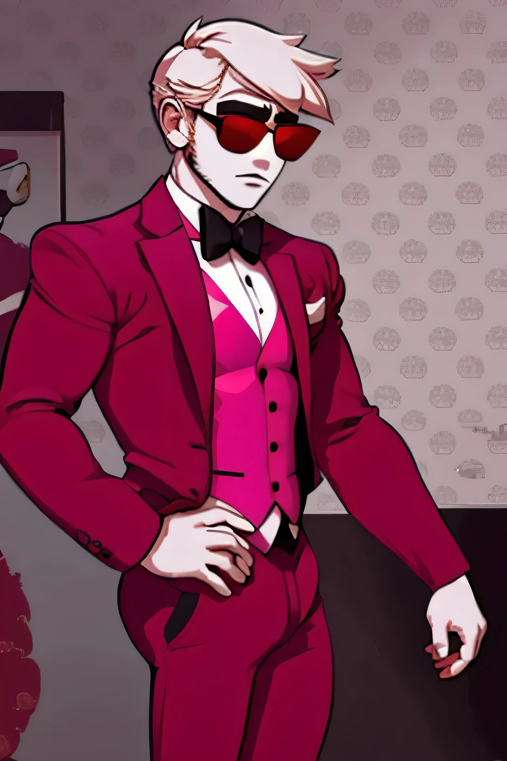 short blonde hair。Foreign Men。Red suit。Pink fur coat。Pointed sunglasses。twinks, black bow tie, Dave Strider