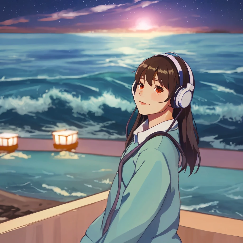 Cute lofi girl wearing headphones, anime-like, watching sea outside, night time,