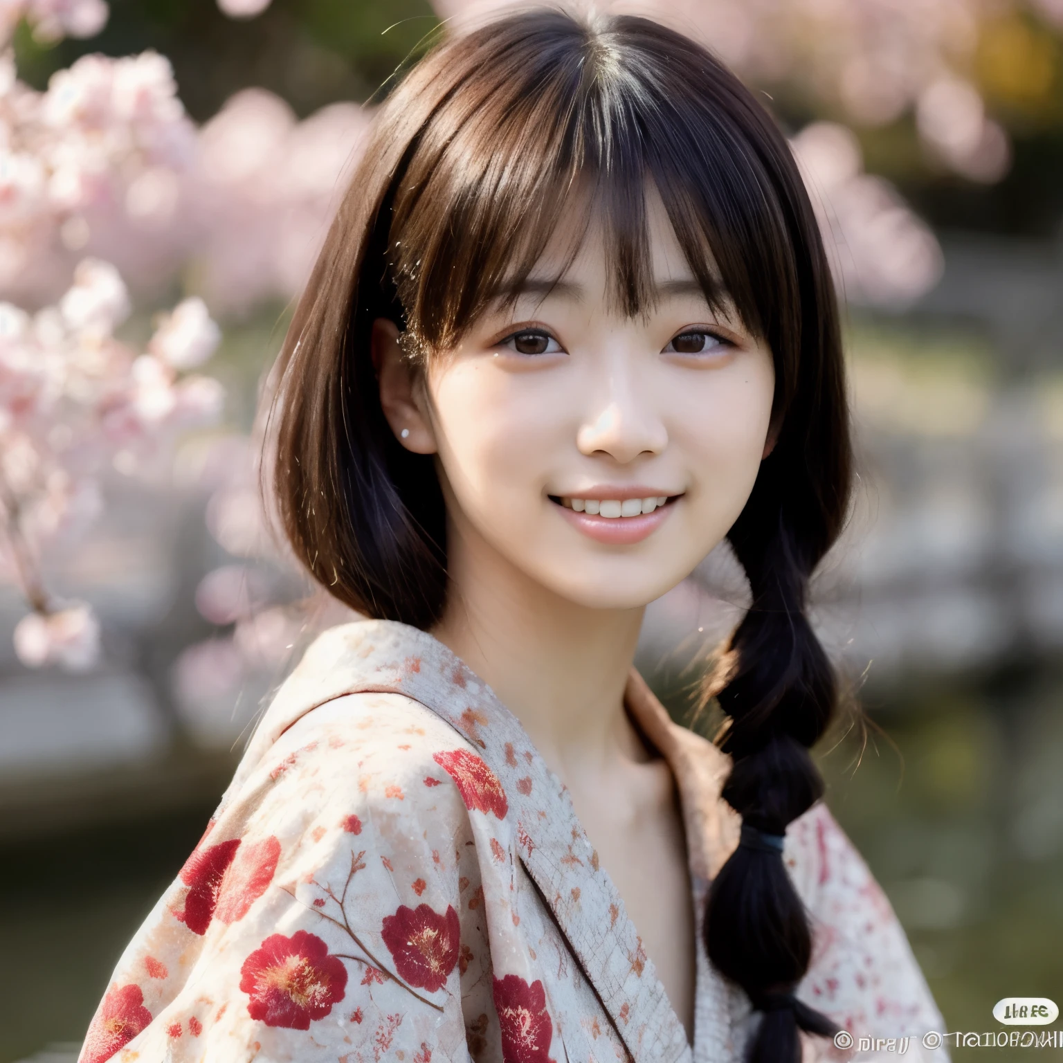 Beautiful Japan JK(Realistic:1.3), Perfect teeth alignment,Rembrandt Lighting, (masterpiece:1.2), (photoRealistic:1.2), (highest quality), (Detailed skin:1.3), (Intricate details), dramatic, Ray Tracing,One girl, Japanese Girls, 21 years old, Detailed skin texture, (blush:0.5), Scattered beneath the surface, Front of face, bangs, Hair between the eyes, Twin tails, Floral print, Autumn scenery, Plum blossom, (It was transparent:1.2), Pop Idol, Sony A8R,