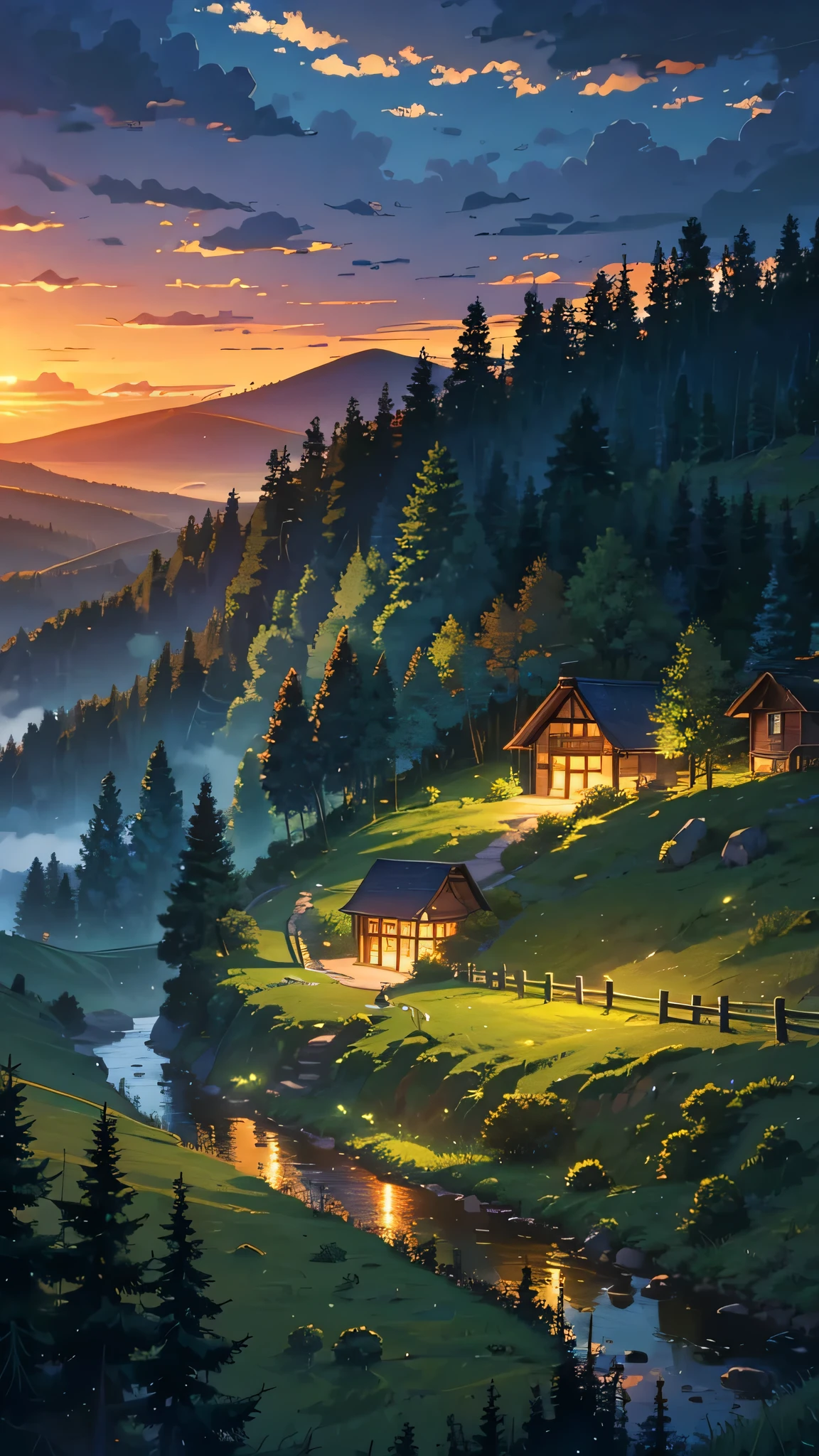 Anime scenery
BREAK (masterpiece, best quality:1.2), outdoors, nature, forest, pines, grass, tall grass, detailed grass, plants, 8pm evening, clouds, dark sky, maple trees, Volkswagen beetle car coming from a curved village road , farm landscape, valleys, glowing car head lamps, car heading foward uphill, single car, after sunset