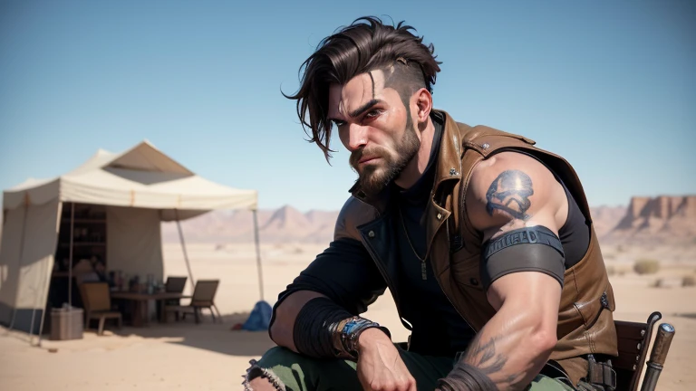 Logan, X-mem, 3D, 4K. Logan, X-mem, 3D, 4K, Good looking, ultra realistic. A 27-year-old masculine male cyberpunk character, post - apocalyptic cowboy, with a rugged appearance, in mad max style, 4k wild west, wearing a leather vest adorned with pockets and straps, and metal cyberpunk staffs, brass goggles resting atop his forehead, short bearded and a determined expression in his piercing blue eyes. Settings in a vast open hot golden desert, sitting beside the weathered tent telling a story to stranger in front of him. blurred focus on the stranger