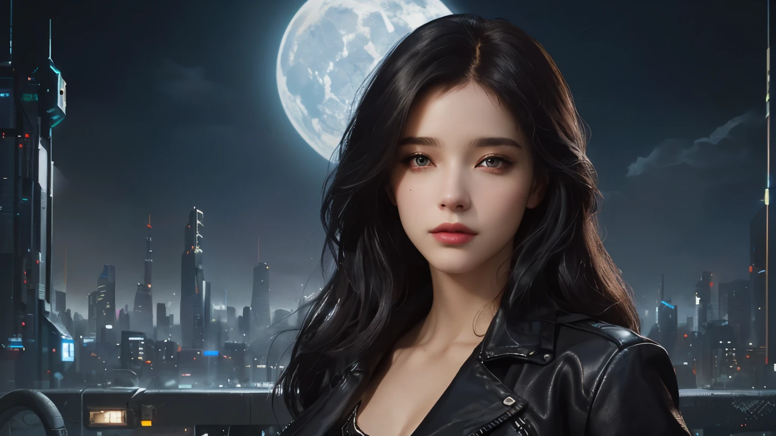Close-up of a woman in a leather jacket standing in front of a city, Stylized urban fantasy art, Inspired by Magali Villeneuve, A fascinating cyberpunk dark fantasy, Art James Styleに描かれた, Art James Style, Charlie Bowter's Style, in Charlie Bowter's Style, Tom Bagshaw Art Style
