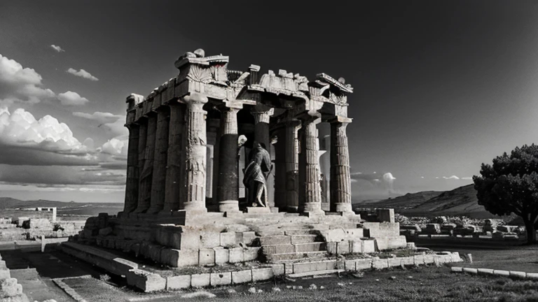 "A dark landscape image of an ancient greek society deeply connected to stoicism, black and white, ancient greek architecture, include one single big statue of a stereotypical strong greek man, marcus aurelius --ar 16:9--style G4JuqKlERum6vZGYhO9USsL"