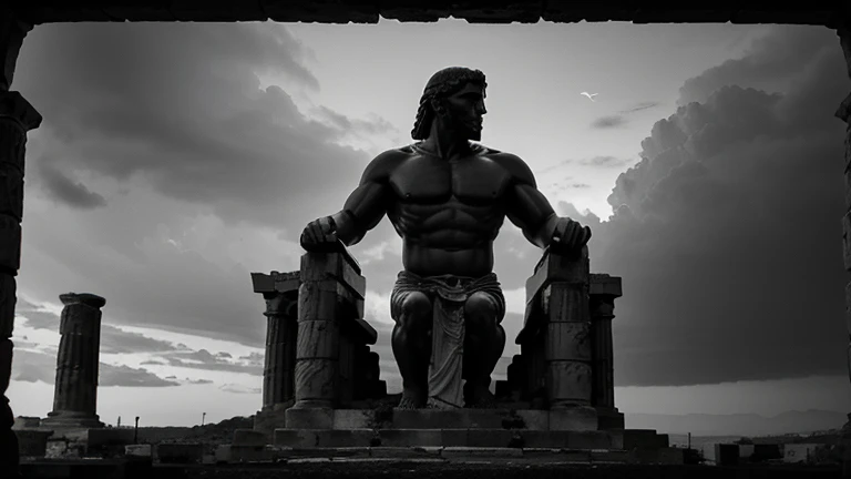 "A dark landscape image of an ancient greek society deeply connected to stoicism, black and white, ancient greek architecture, include one single big statue of a stereotypical strong greek man, marcus aurelius --ar 16:9--style G4JuqKlERum6vZGYhO9USsL"