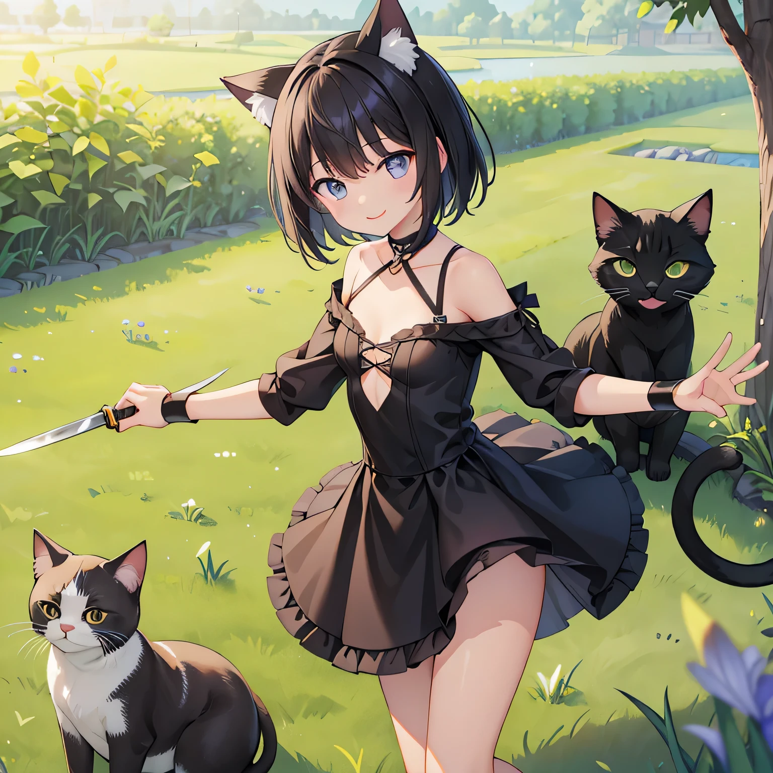 highest quality、One girl、、Small breasts、Cat ear、Short black hair、Iris、Thief-like outfit、smile、Holding a knife in reverse、Standing in the grass