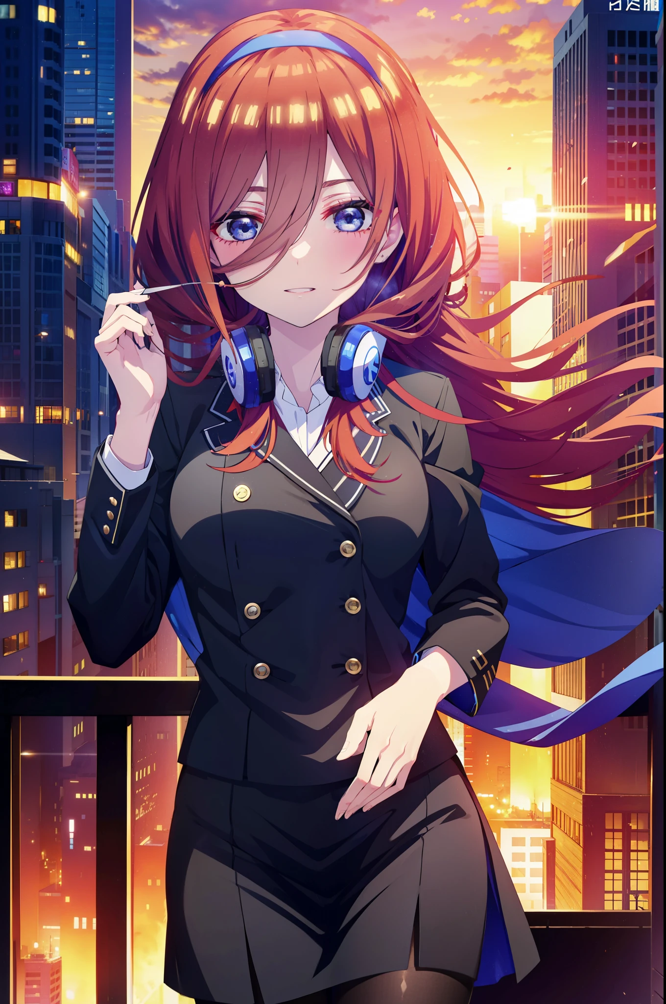 Miku Nakano, Miku Nakano, Long Hair, bangs, blue eyes, Brown Hair,,Blue Hairband ,Hair between the eyes, happy smile, smile, Open your mouth,Headphones around the neck,OL, Akagi Glasses, Black suit jacket, Collared jacket, White dress shirt, Collared shirt, Neckline, button, Black pencil skirt, Black Pantyhose,Stiletto heels,too,sunset,evening,too陽が沈んでいる, As if your whole body is in the illustration,Looking up from below,
break outdoors, city,Building district,
break looking at viewer, (Cowboy Shot:1. 5)
break (masterpiece:1.2), highest quality, High resolution, unity 8k wallpaper, (shape:0.8), (Beautiful details:1.6), Highly detailed face, Perfect lighting, Extremely detailed CG, (Perfect hands, Perfect Anatomy),