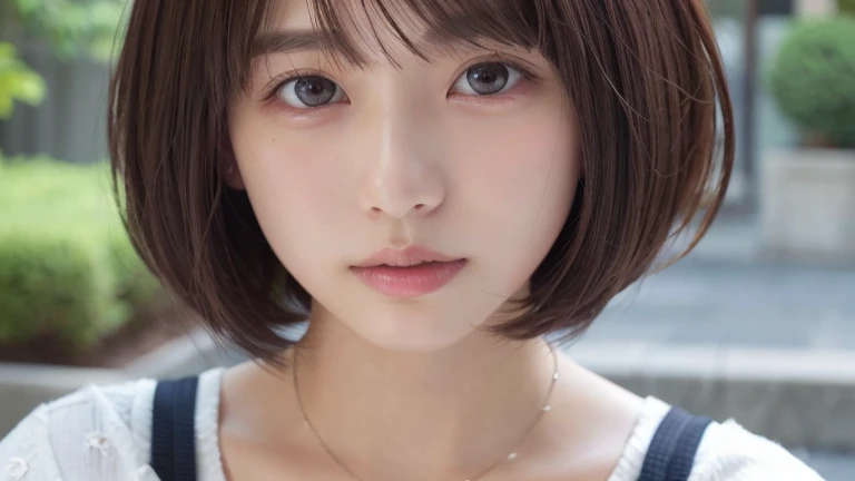 (Bob Cut Hair:1.2),(Wearing a necklace, Wearing a blouse:1.2),1 girl,Japanese,21 years old,(Small :1.3),(highest quality,masterpiece:1.3,超A high resolution,),(Ultra-detailed,Caustics),(Photorealistic:1.4,RAW shooting,)Ultra-Realistic Capture,Very detailed,High resolution 16K human skin close-up。 Natural skin texture、,Pores、、It needs to be detailed enough to be easily identifiable。 Skin should be even-toned and healthy looking。 Use natural light and colour, Sad expression, Looking at the camera, Perfect dynamic composition, Outdoor