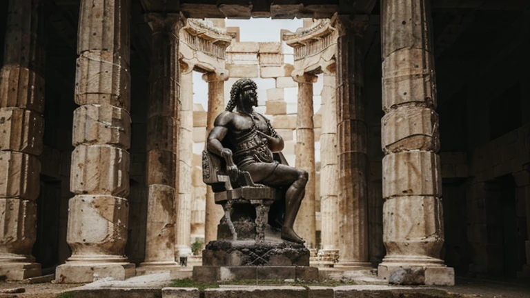 "A dark landscape image of an ancient greek society deeply connected to stoicism, black and white, ancient greek architecture, include one single big statue of a stereotypical strong greek man, marcus aurelius --ar 16:9--style G4JuqKlERum6vZGYhO9USsL"