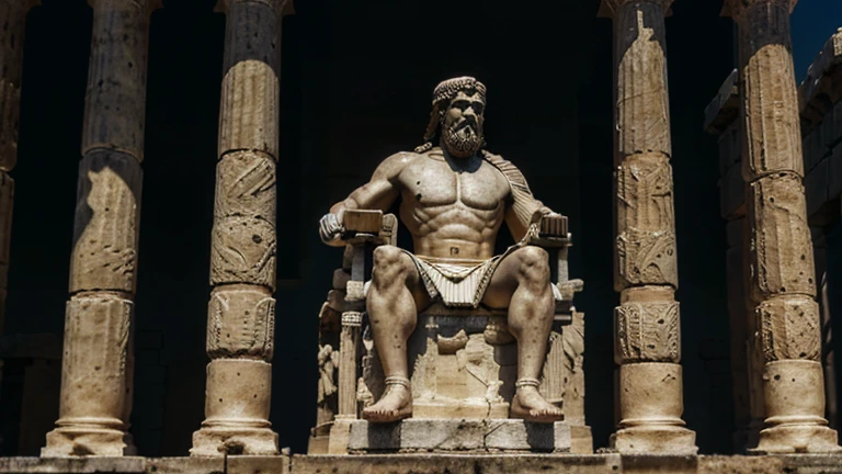 "A dark landscape image of an ancient greek society deeply connected to stoicism, black and white, ancient greek architecture, include one single big statue of a stereotypical strong greek man, marcus aurelius --ar 16:9--style G4JuqKlERum6vZGYhO9USsL"
