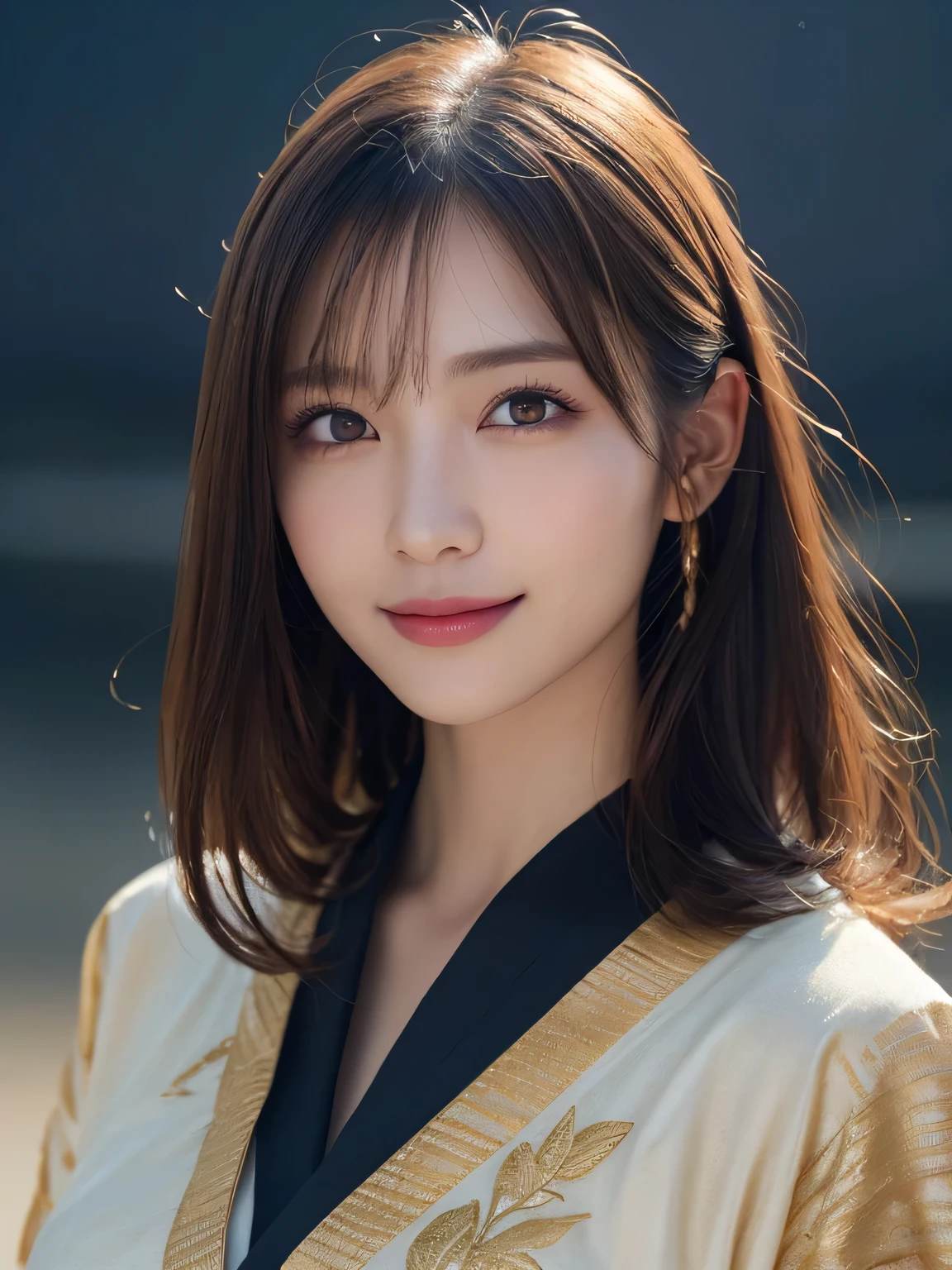 Kimono beauty, body portrait, 8k, thin and beautiful eyes, Dindal effect, masterpiece, top quality, high quality, high resolution, very detailed photo, (natural skin texture, fine skin, hyper realism, super sharpness) , high detail skin, (very fine, fine skin texture, intricate details, beautiful face, (real-like face), realistic eyes, beautifully detailed eyes, realistic skin, beautiful skin, surreal, Highly detailed, golden ratio, smiling eyes, ((night moonlight background)), body portrait, G cup, big breasts, huge breasts, big breasts, glamorous, shiny bodysuit