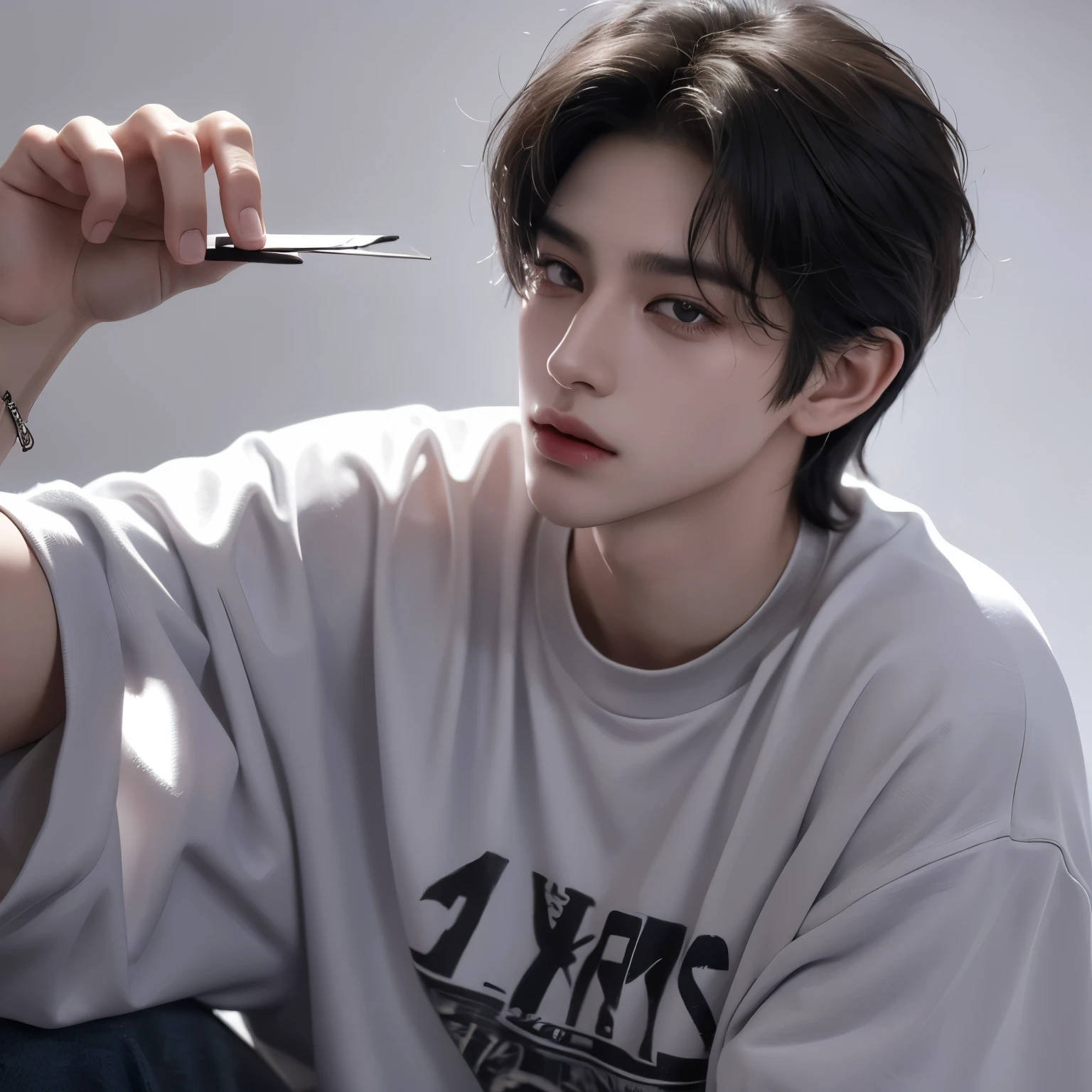 ((highest quality, 8K, masterpiece: 1.3)), Instagram selfie pictures、Room background、Handsome boy in street fashion:1.5, 17-year-old、Delinquent boy、 well-groomed face, black hair color、thin face、(white skin:1.5)、whole body、(beckoning:2.0)、dark eyes、Super handsome、sexy eyes、Extra-fine face, handsome nose, small eyes and face, beautiful lighting, High resolution, detailed mouth, smile, whole body: 1.5, perfect body shape、super slim,medium hair、STUSSY clothes、silver accessories、Oversized clothes、
