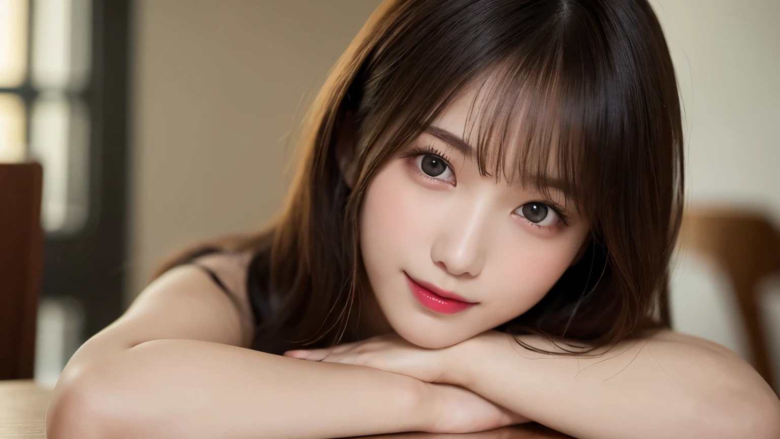 on the table, best quality, shape, Super detailed, Finely, high resolution, 8k wallpaper, 完璧なダイナミックな構shape, Beautiful and delicate eyes, Medium Length Hair, Small Breasts, Natural lipstick, Casual sexy pose,Smile,20 year old girl、midnight、Beautiful and detailed face、Perfect beautiful face,big eyes、original photo、Use the whole body to express female posture、Beautiful and delicate eyes、Small face、Beautiful duplex、Facelift and style,skirt、Beautiful golden ratio face,Long hair