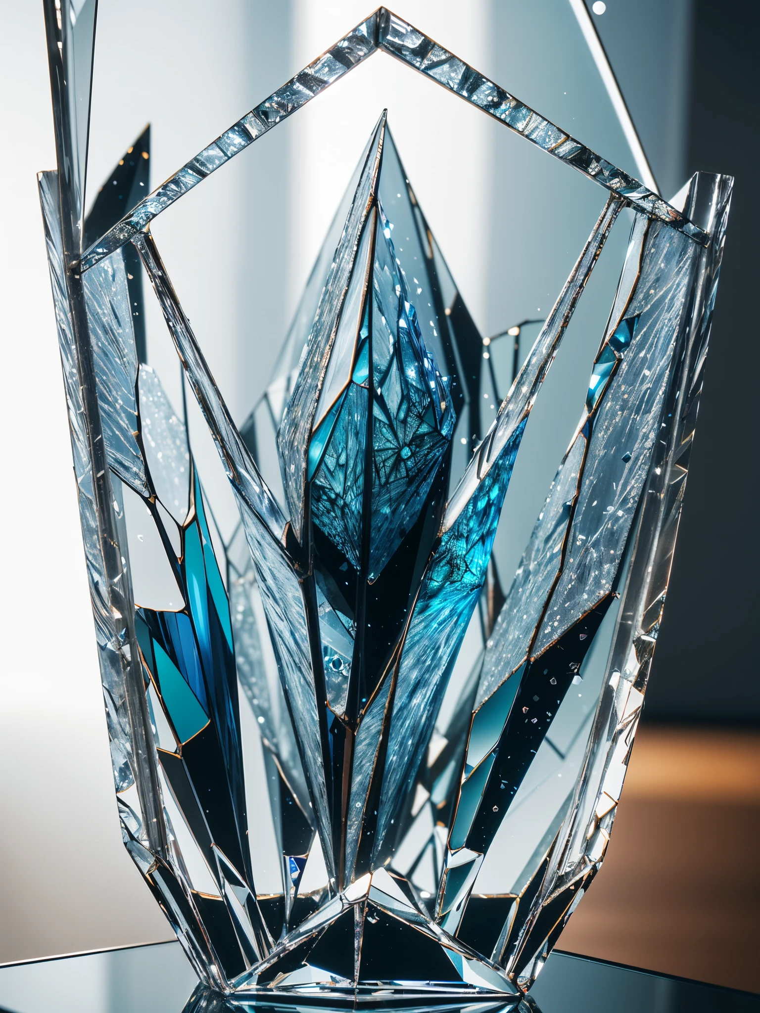(shattered fractal crystal glass in museum display:1.3), BREAK, (super intricate details fractal glass art:1.3), glassware, 3d digital art, (realistic:1.3), (glass fragment:1.3), deconstructive, installation art, geometric art, sharp focus, ((Fresh background, soft light effect: 1.2)), Commercial photograph, elegant color profile,