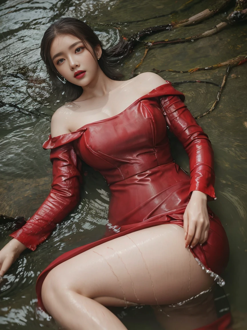 woman in a red dress is sitting in the water, expensive dress, long sleeves, closeup fantasy with water magic, beautiful maiden, wearing a dress made of water, dripping wet, in water up to her shoulders, beautiful realistic painting, nymph in the water, hyperrealist portrait in a river, hyperrealistic fantasy photo, splashing, v neck, cute shot, narrow depth of field, 8k, nsfw, drenched, ((soaked)), dripping water, dripping oil, heavy clothes, soaked in oil, wet all over, rouge lipstick, wet dripping hair, varied poses, emphasize round ass