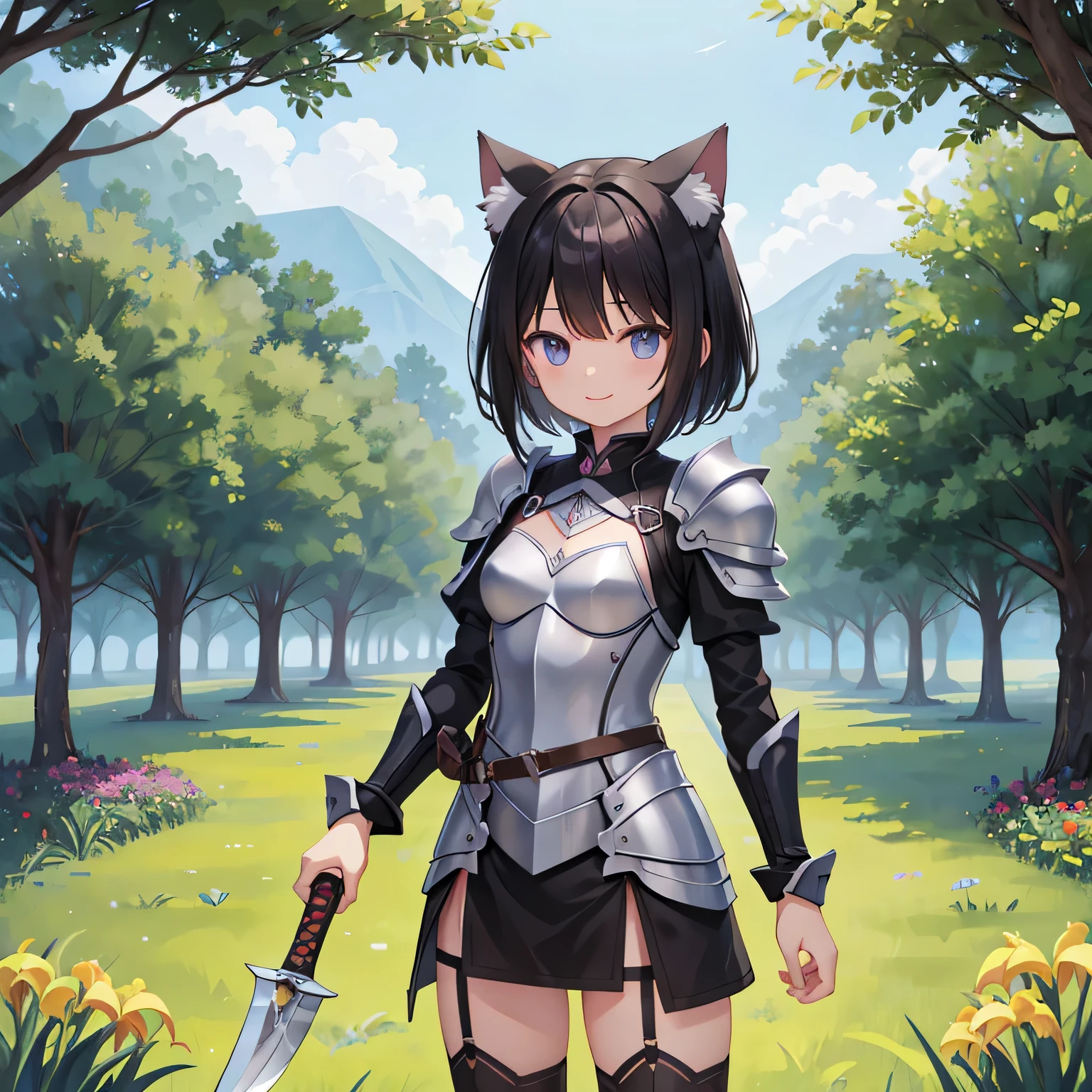 highest quality、One girl、、Small breasts、Cat ear、Short black hair、Iris、Thief-like outfit、smile、Holding a knife in reverse、Standing in the grass