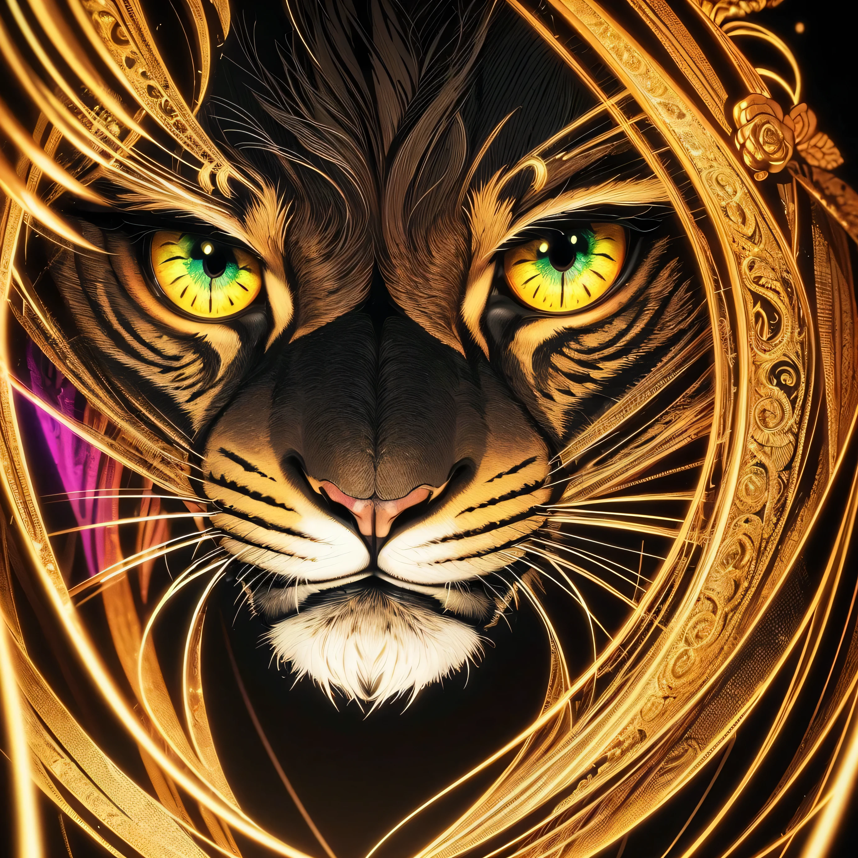 a close up of a lion's head with a black background, a digital painting by Galen Dara, shutterstock, psychedelic art, highly intricate and colorful, highly detailed digital art, 4k highly detailed digital art, digital art highly detailed, intricate digital painting, highly detailed digital artwork, amazing detail digital art, digital art animal photo, beautiful digital artwork