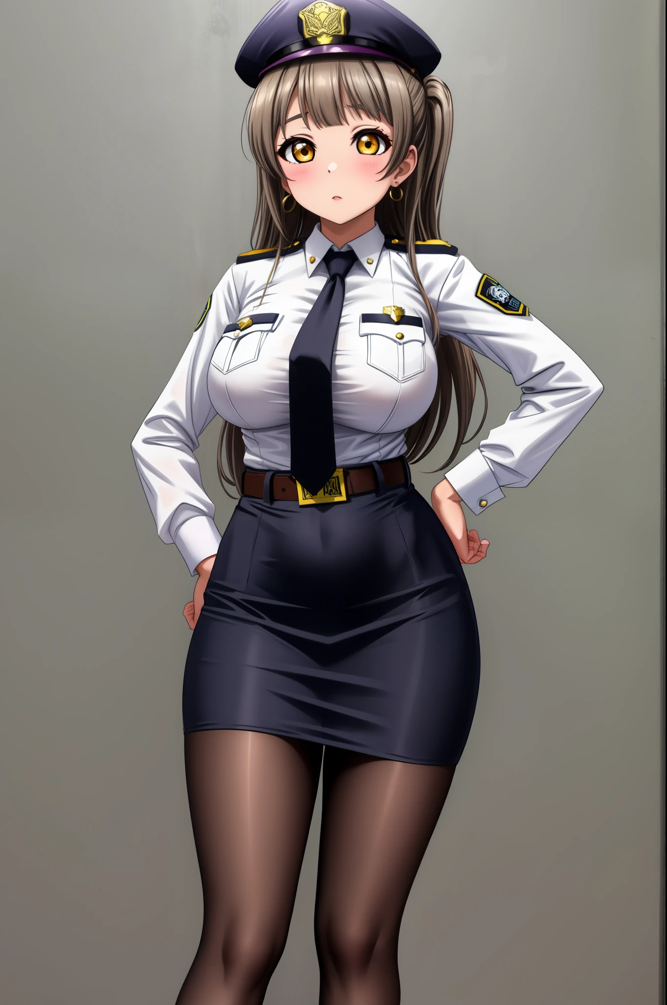 Masterpiece, best quality, big breasts, (contrapposto:1.2),(detailed face), minami kotori, curvy body ,white shirt,half sleeves,earrings, pencil skirt, necktie , standing, hand on hip,police cap,in police station, cowboy shot, thighs, narrow waist,wide hips , solo , belt, pantyhose , skin tight necktie between breasts 