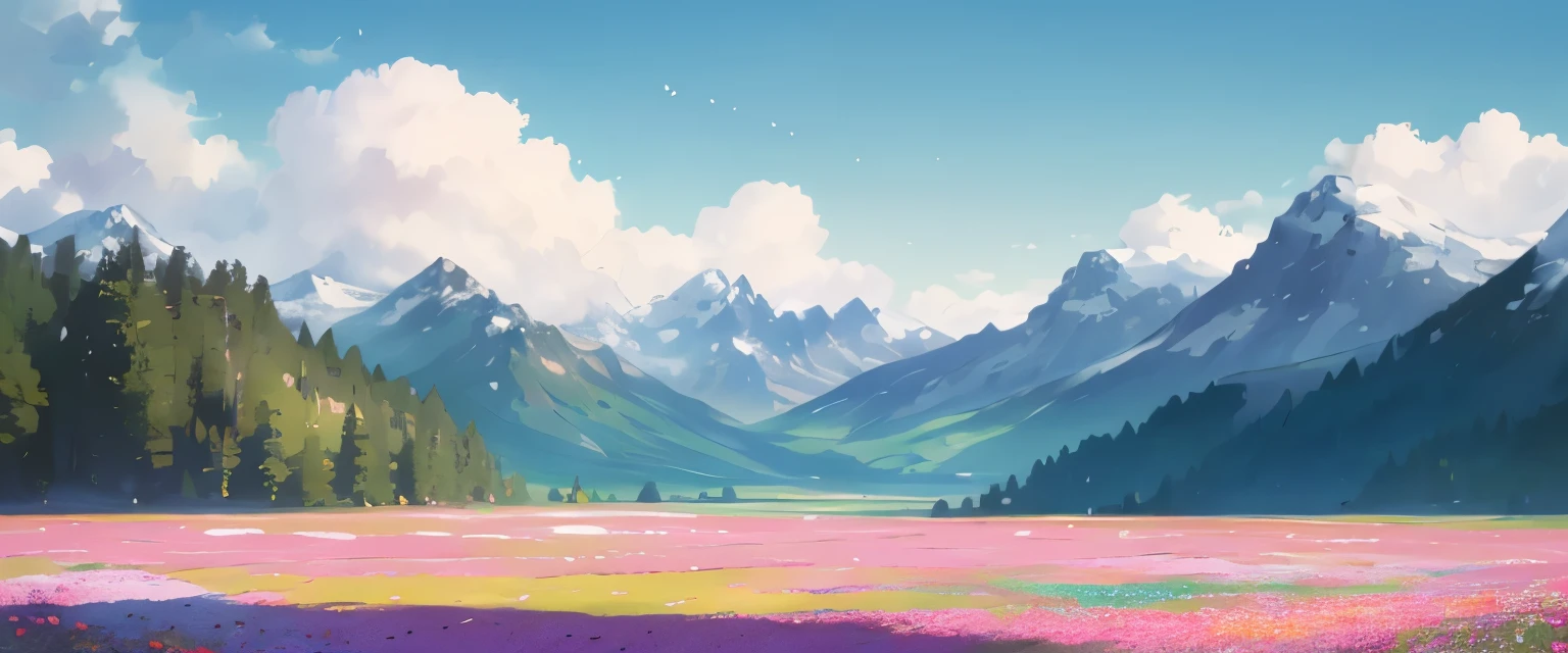 summer, Meadows, A few small flowers, Clear lake, sheep, Heaven, Dayun, Blue sky, Hot weather, High-resolution details, Wet watermark, Ultra Detail, Movie, Surrealism, Soft Light, Deep field focus bokeh, The vista is snow-capped mountains, Ray Tracing, and Surrealism. --v6