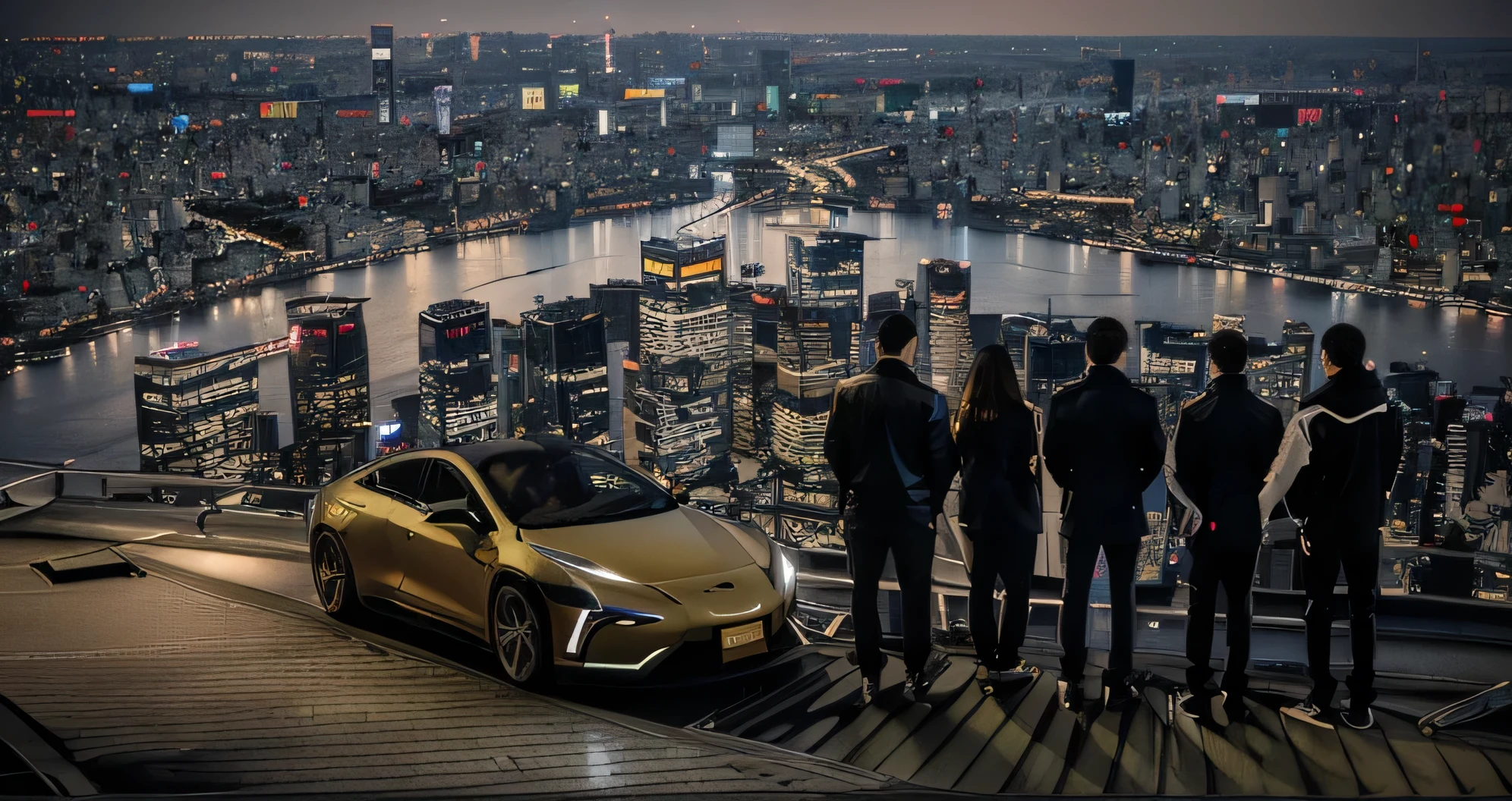 5 people standing on the windowsill，Four men and one woman，Look at the city at night, Standing on the roof, Standing on the roof of a skyscraper, Standing on the roof, On the rooftops of Tokyo at night, City night visual effects, Movie promotional images, Overlooking the modern city, Looking at the city, on tokyo cyberpunk night rooftop, in a future city, Tokyo night rooftop