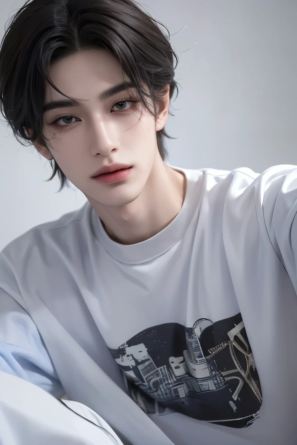((highest quality, 8K, masterpiece: 1.3)), Instagram selfie pictures、Room background、Handsome boy in street fashion:1.5, 17-year-old、Delinquent boy、 well-groomed face, black hair color、thin face、(white skin:1.5)、whole body、(beckoning:2.0)、dark eyes、Super handsome、sexy eyes、Extra-fine face, handsome nose, small eyes and face, beautiful lighting, High resolution, detailed mouth, smile, whole body: 1.5, perfect body shape、super slim,medium hair、STUSSY clothes、silver accessories、Oversized clothes、