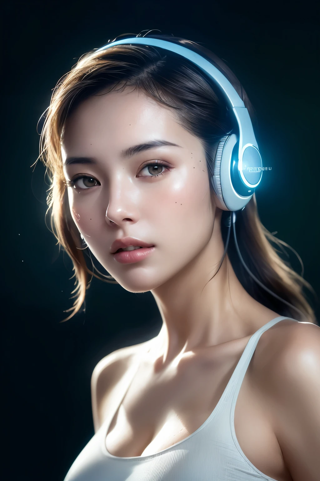 Wear, (photo Practical:1.4), (hyper Practical:1.4), (Practical:1.3), (Smoother lighting:1.05), (Improve movie lighting quality:0.9), 32k, 1 Girl,20 year old girl, Practical lighting, Backlight, There is light on the face, Ray Tracing, (Bright Lights:1.2), (quality improvement:1.4), (Highest quality real texture skin:1.4), Delicate eyes, Delicate face, Exquisite eyes, (Tired, sleepy and satisfied:0.0), Close-up of face, t-shirt, Listen to music with headphones, (Increase body line emotions:1.1), (Enhance Skin Texture Beauty:1.1)