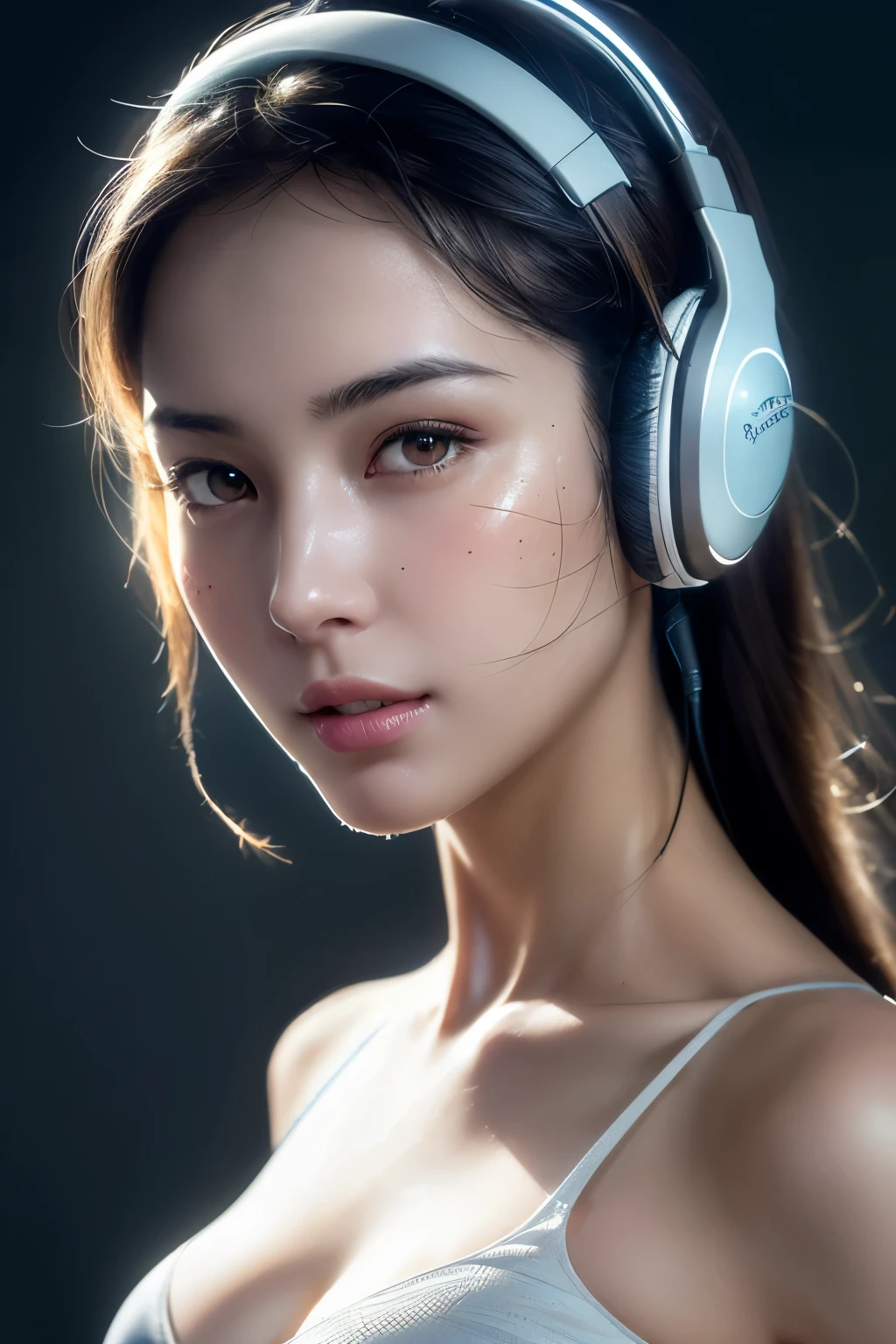 short hair, skintight black top:1.2, looking at viewer, r cinematic lighting, perfect, soft lights, high resolution skin:1.2, realistic skin texture, realistic face, lean girl, headphones:1.2, off shoulder, Exposed cleavage, blue Eyes,