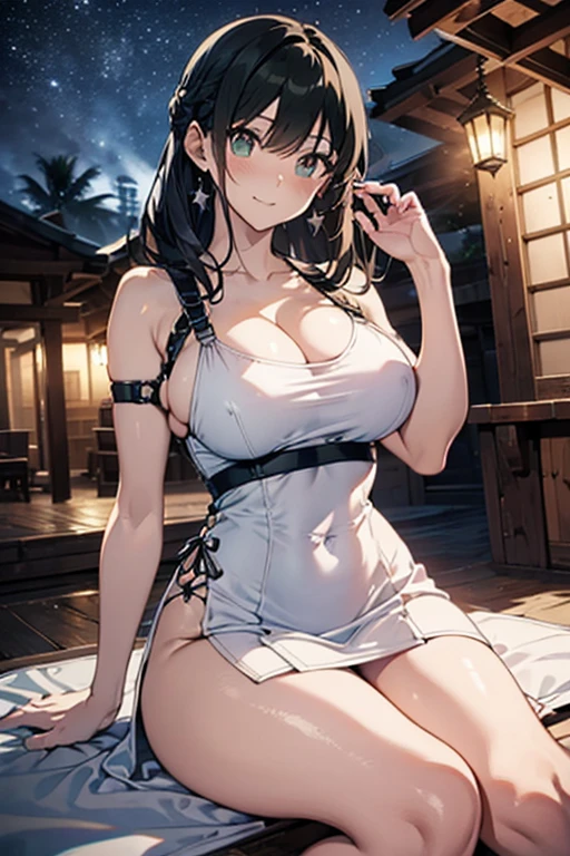 tifa Lockhart, estilo mksks, (fundo muito detalhado:1.0), (fundo altamente detalhado:1.0), Final Fantasy VII Remake, (olhos vermelhos), 1 garota, Ombros nus, vestido aqua, Cabelo preto, vestido verde, sem mangas dress , summer dress, casa, Cabelo longo, noite, noite sky, boca aberta, ao ar livre, rabo de cavalo, sentado, sky, sem mangas, sem mangas dress, estrela (sky), estrelary sky, cidade, envelheceu, seios pequenos, ((babados brancos)), (vestido branco),