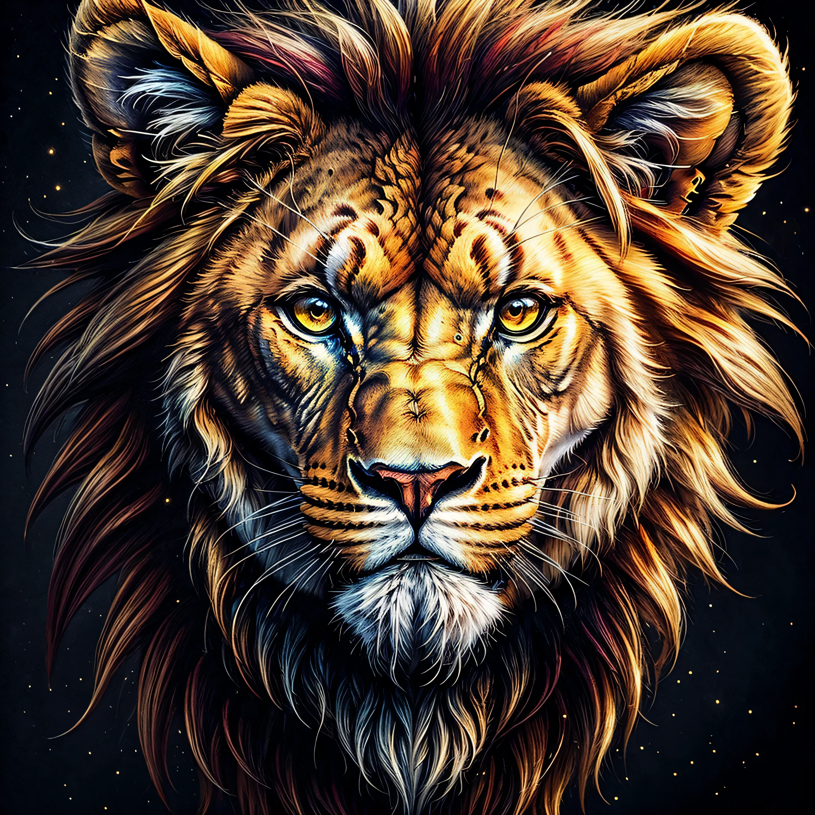 a close up of a lion's head with a black background, a digital painting by Galen Dara, shutterstock, psychedelic art, highly intricate and colorful, highly detailed digital art, 4k highly detailed digital art, digital art highly detailed, intricate digital painting, highly detailed digital artwork, amazing detail digital art, digital art animal photo, beautiful digital artwork, best quality, highres, 8k