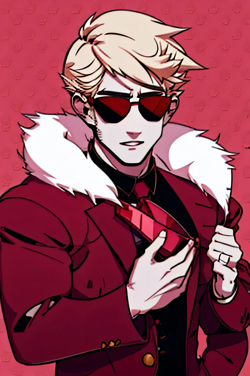 short blonde hair。Foreign Men。Red suit。Pink fur coat。Pointed sunglasses。twinks, black bow tie,  Dave Strider 