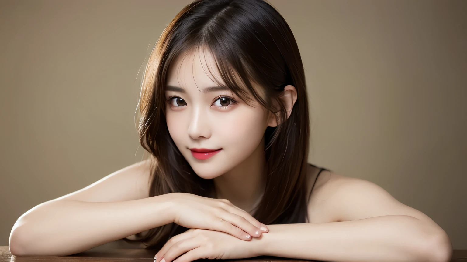 On the table, best quality, shape, Ultra Detailed, Finely, high resolution, 8k wallpaper, 完璧なダイナミックな構shape, Beautiful and delicate eyes, Medium Length Hair, Small Breasts, Natural lipstick, Casual sexy pose,Smile,20 year old girl、midnight、Beautiful and detailed face、Perfect beautiful face,big eyes、original photo、Expressing female posture using the whole body、Beautiful and delicate eyes、Small face、Beautiful duplex、Facelift and style,skirt、Beautiful golden ratio face,Long hair