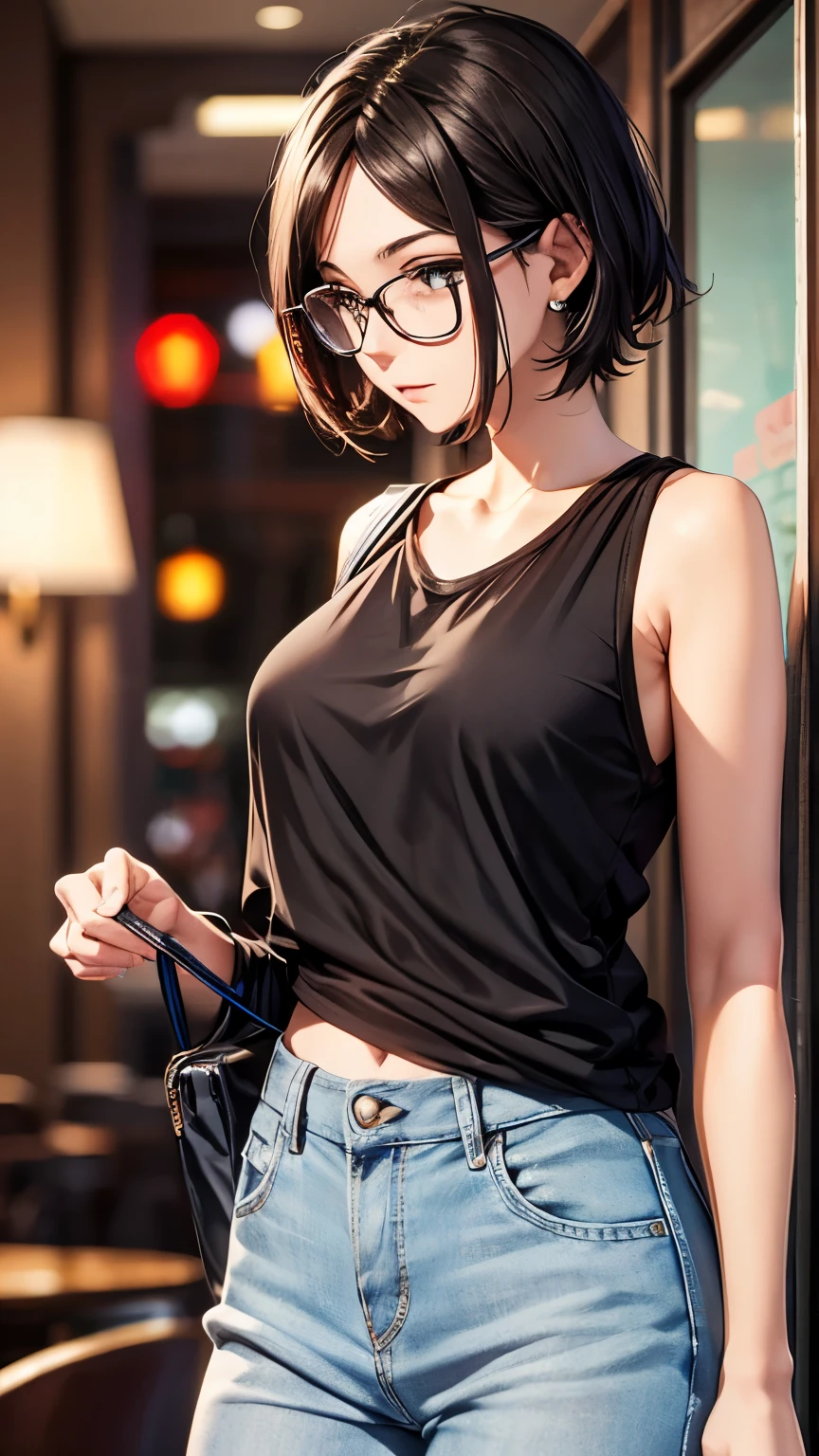 Hotel at night,Inside the room,whole body,30-year-old woman,Slender body,whole body像,She is wearing heavy makeup,She wears glasses,Brown short bob hair,anger,Glare,Severe,(She is wearing a mask,She has a shoulder bag,Y-shirt,Denim Leggings,sneakers)