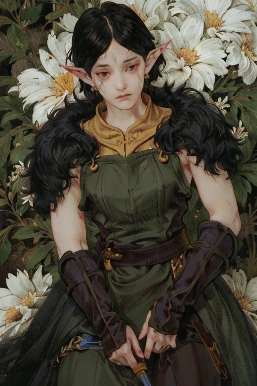 (best quality,4k,highres,masterpiece:1.2),ultra-detailed,realistic,portrait,dark,sharp focus,girl,flower,pierced ears,one,black hair,short hair,scar,knife,weapon,tears,elf,facial tattoo