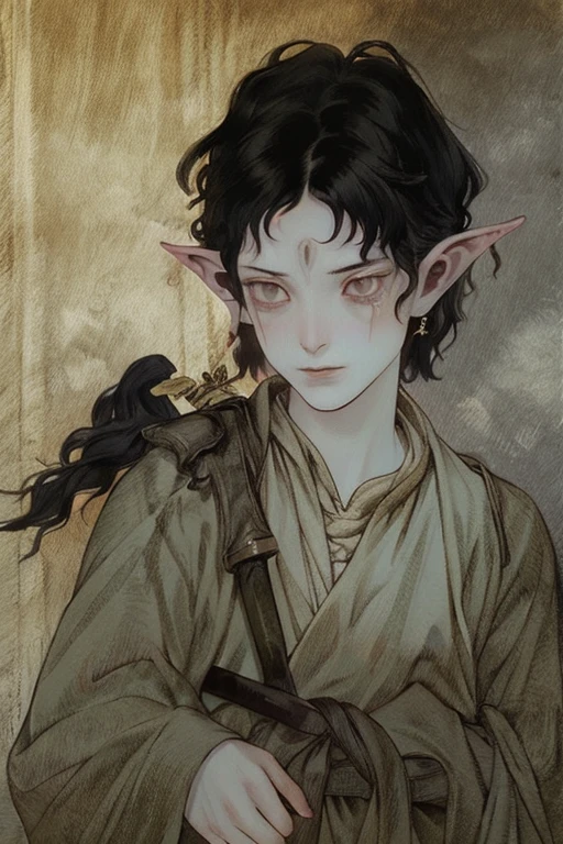 In Merrill, 1 girl, flower, Pointed ears, One, black hair, short hair, Scar, a knife, weapon, tears, elf, face tattoo
