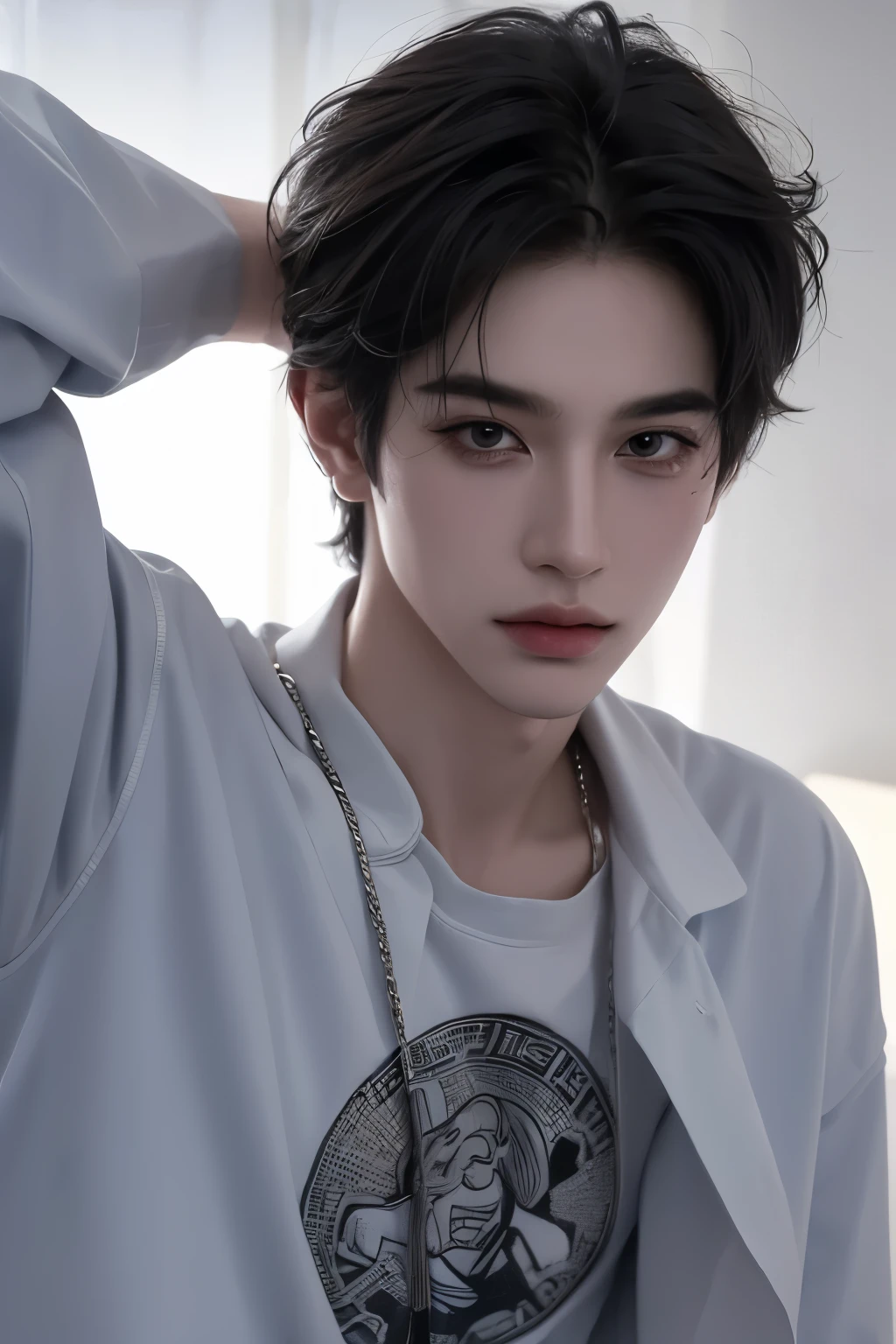 ((highest quality, 8K, masterpiece: 1.3)), Instagram selfie pictures、Room background、Handsome boy in street fashion:1.5, 17-year-old、Delinquent boy、 well-groomed face, black hair color、thin face、(white skin:1.5)、whole body、(beckoning:2.0)、dark eyes、Super handsome、sexy eyes、Extra-fine face, handsome nose, small eyes and face, beautiful lighting, High resolution, detailed mouth, smile, whole body: 1.5, perfect body shape、super slim,medium hair、STUSSY clothes、silver accessories、Oversized clothes、