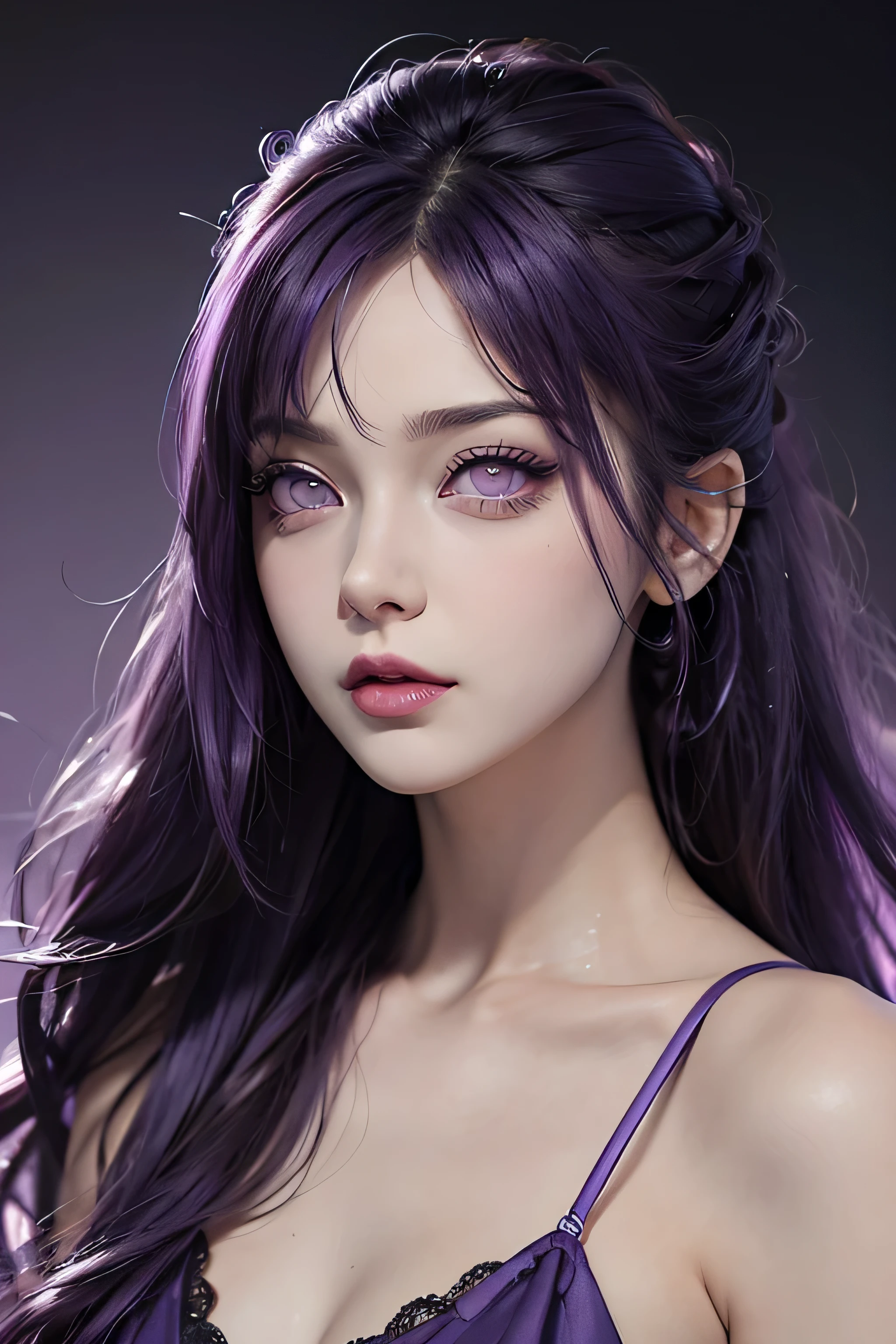 (32K) 16 K, 8K, 4K, Super fine face, small mouth, Lip biting makeup, female pervert々Right, Purple hair, Purple eyes, High resolution, Perfect. Portrait.