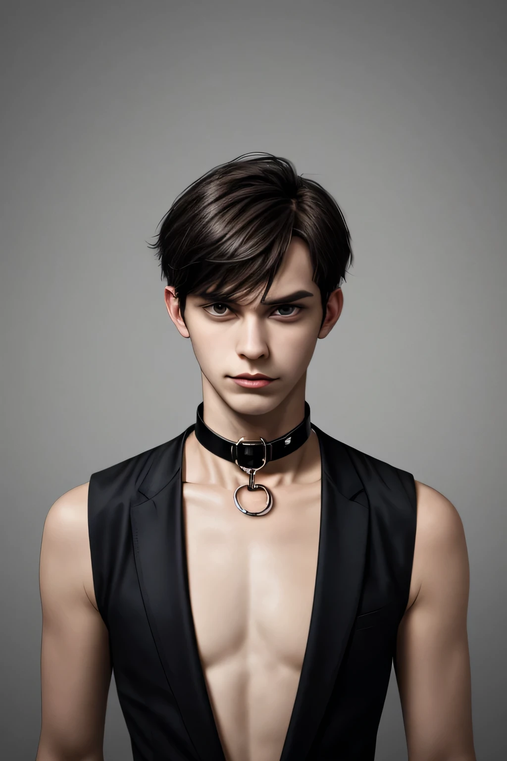 A submissive male wearing a collar on his neck as a symbolic gesture of his submission, facing straight towards the camera