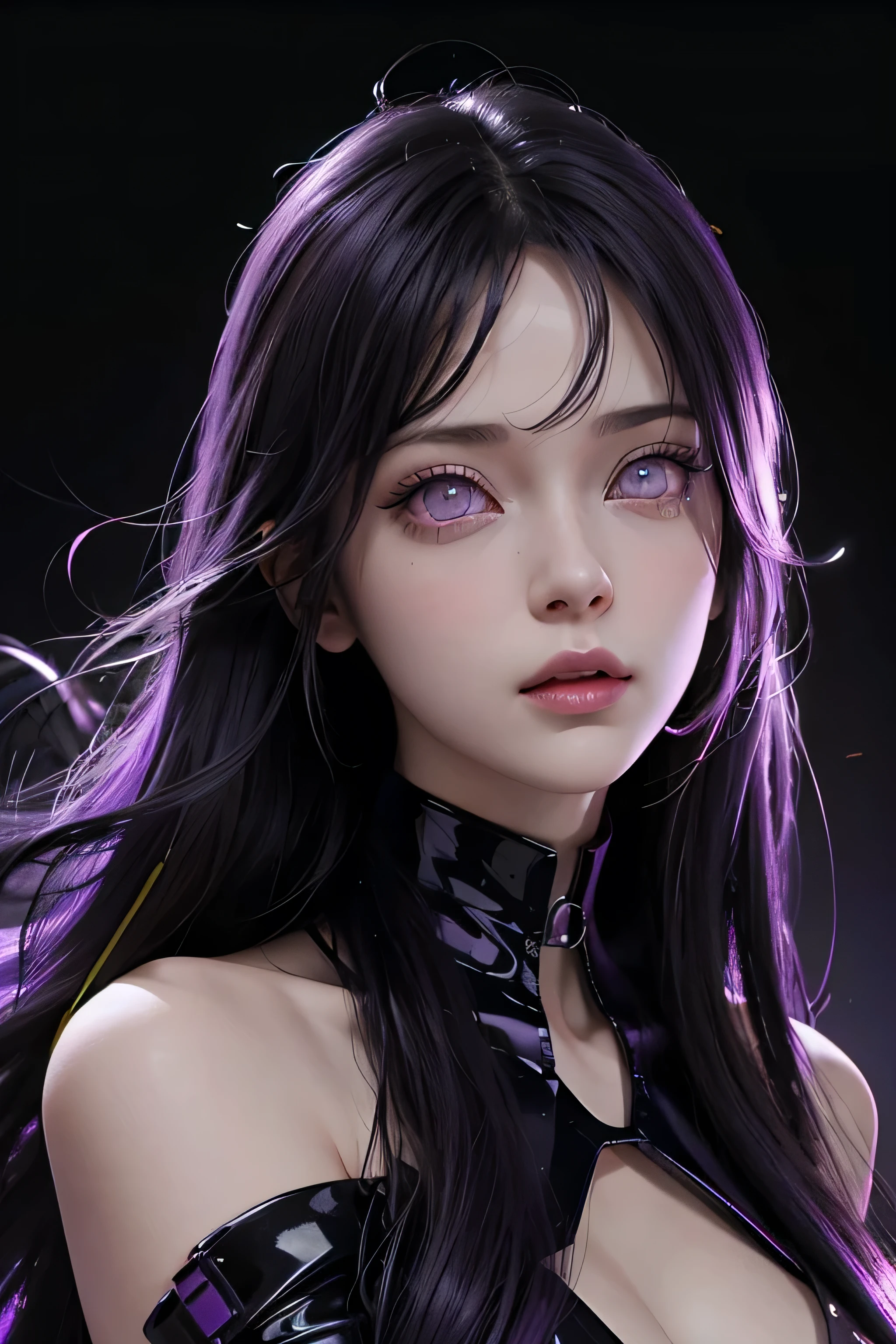 One female , bright purple eyes , "pupils glowing purple" , black hair , blonde highlights" , very_long_hair , big_breasts , wearing necakle neck,perfect figure , detailed face , masterpiece , best quality , ultra detailed , (detailed background) , perfect shading , high contrast , best illumination , extremely detailed , ray tracing , realistic lighting effects , neon noir illustration , perfect hands:1.1, cyberpunk background