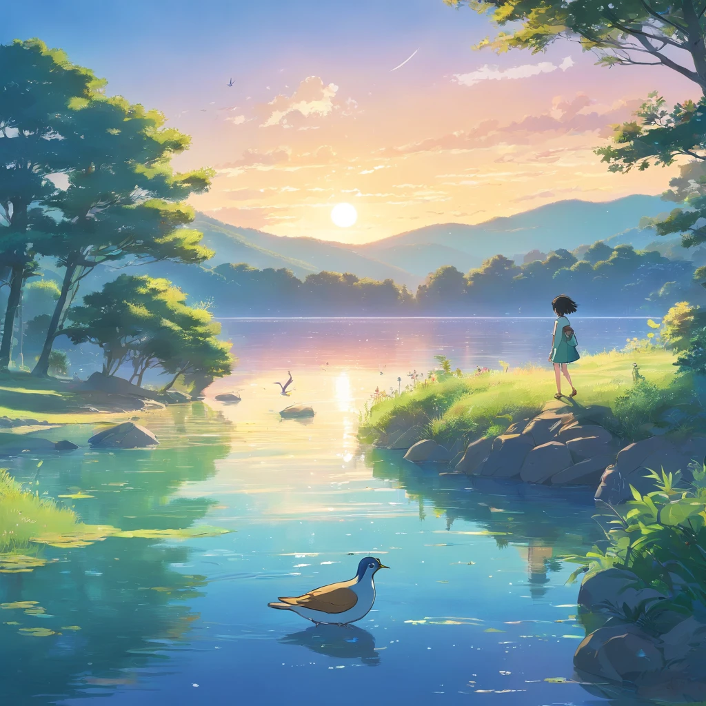 Ghibli style　peaceful nature　bird　Children playing lake