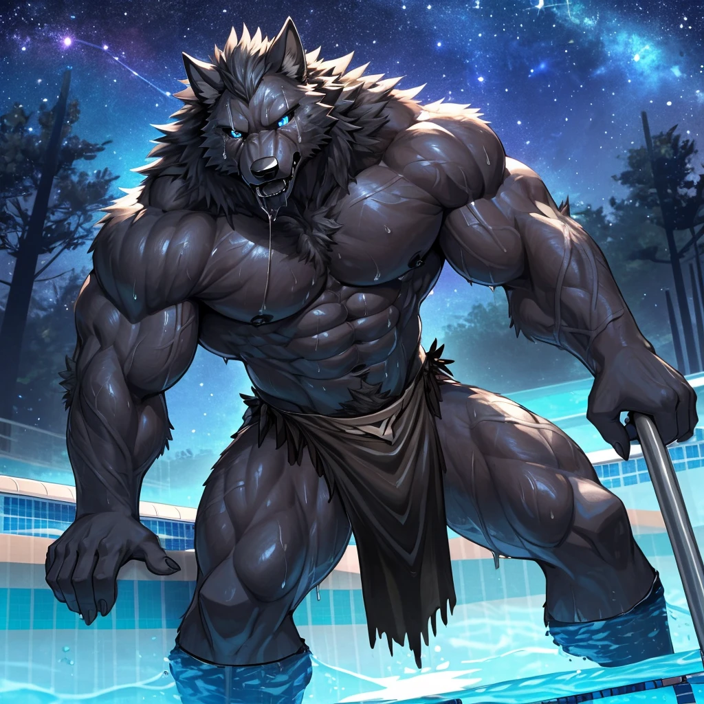 (highest quality:1.2), (masterpiece:1.2), anime, ultra detailed, angle from bottom
, Shaggy male black wolf, Black Wolf, great physique,Strong arms, manly, muscular back, (Fine veins:1.7)
, (Excessive sweating:1.5), (Sweat all over the body:1.5)
, Look up to the sky, (Black loincloth:1.1), (he tear loincloth:1.9)
, Fine grain, (ultra detailed eyes:1.4), black sclera, lightblue pupil
, black tongue, A large amount of saliva, Tears dripping
,From null-ghost, (Poolside:1.5), The background is a forest, The lost city lights, end:night、in the starry sky
