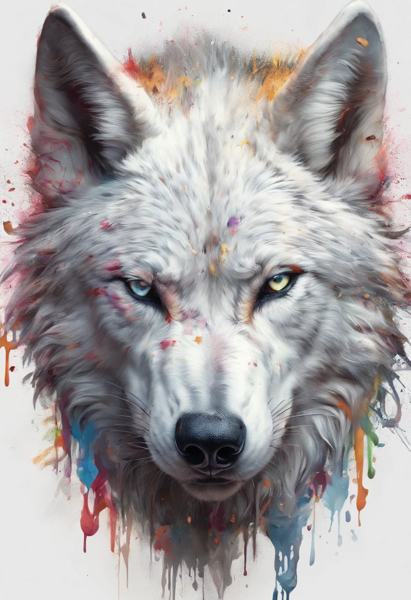 a wolf head, ((white background)), piercing eyes, epic Instagram, artstation, splash style of colorful paint, contour, hyperdetailed intricately detailed , unreal engine, fantastical, intricate detail, splash screen, complementary colors, fantasy concept art, 8k resolution, deviantart masterpiece, real, heavy strokes, paint dripping, splash arts, god of love