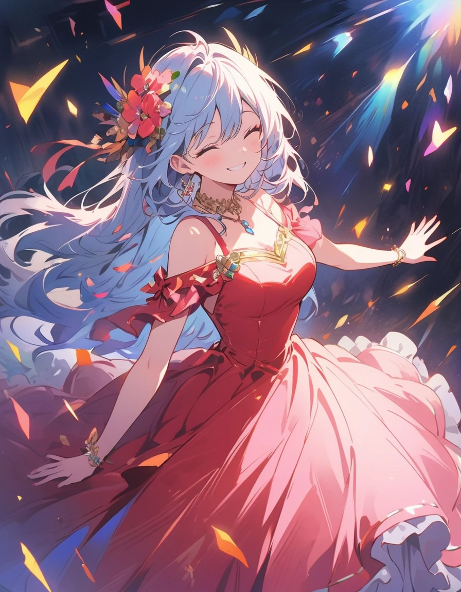 In an oil painting style, it's night at a jazz cafe. The sound of the piano resonates pleasantly, enveloping the venue in a warm atmosphere. A woman, dressed in a vibrant dress, plays energetically, lost in the passion of her performance. With a smiling face, she closes her eyes, surrendering to the music.(highest quality、masterpiece、High resolution、detailed)、animeスタイル、Flat Style、(eyes shining iridescent colors illuminated light,detailed美しい顔), BREAK,extremely detailed、Dynamic Angle、anime