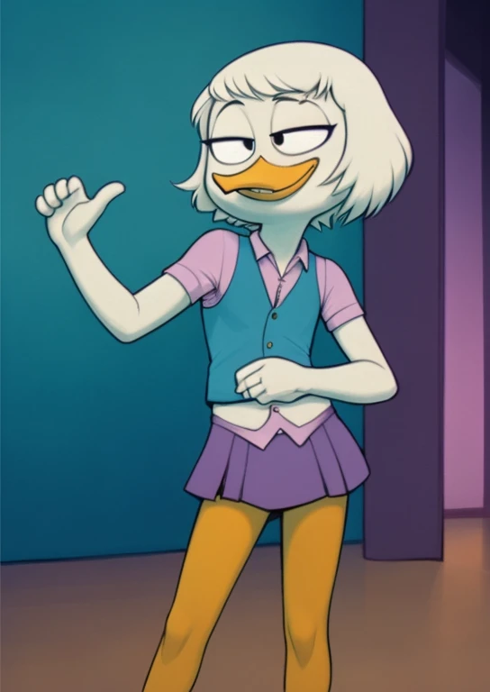 (by Drockdraw:1.2) (by chelodoy:1) (by ashraeli:1) Webby Vanderquack, White skin, White hair, orange legs:1.2, beak, DuckTales, tail shield, webbed feet, short hair, (purple skirt, pink shirt, turquoise vest:1.3) action pose, pink bow, happy, smile, mouth closed, dressed, flat torso, webbed feet, black eyes, full length portrait, Eyeliner, smile, white body, young, standing, narrowed eyes, (mansion, inside:1.1), ass