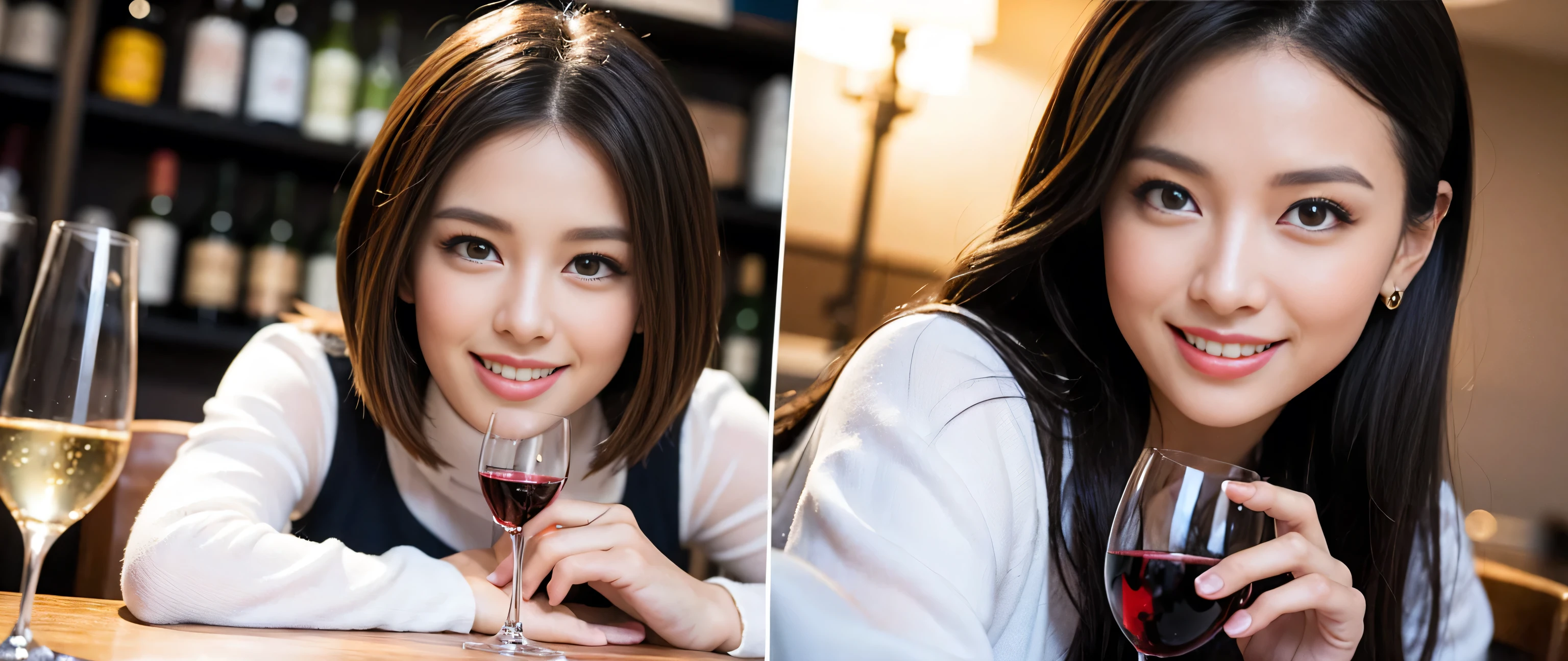 ((highest quality、8k、masterpiece:1.3))、Beautiful woman perfect body:1.4、2 women、Slim body、((Bob Hale、Straight hair:1.2))、 Ultra-high resolution, Bright image、2. The beauty of wine, Beautiful Face, blue eyes, Beautiful Eyes, The light shines on your face, Blushing your nose, short hair,Amazing view of the sunset sky and clouds、Amazing mountain views、A bright smile、A lovely woman with a smile、Bright Face、Fox face、Lady、Champagne、Wine bottle、wine glass、red wine 、Appetizers、Italian food、Two beauties、Brown Hair、Shortcuts、Long sleeve shirt、Winter Fashion、dress、Wine bottle、sparkling wine、Pretty Woman 1, (Slim face), (Brown Hair), (Shortcuts), cheeks turn a little red, (42 years old), 39 years old, Attractive beauty、restaurant, Nova Frog Style, actress, model, Upper Body, White wine, slim, wine glass, A wine glass placed in the middle, smile, (smile: 1.15), Beautiful Eyes, Strong light and shadow,Moist Body:1.5、Delicate eyes、Brown Hair、The hair is very shiny、