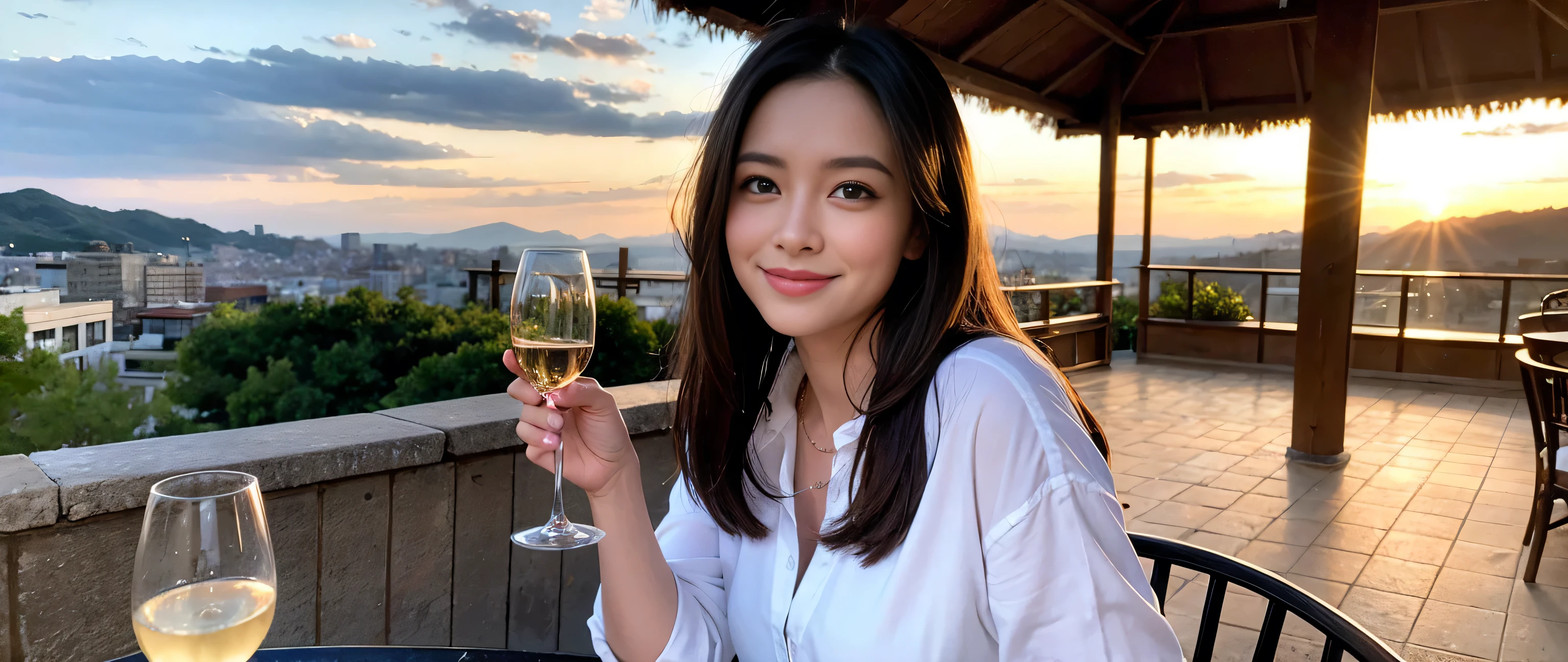 ((highest quality、8k、masterpiece:1.3))、Beautiful woman perfect body:1.4、2 women、Slim body、((Bob Hale、Straight hair:1.2))、 Ultra-high resolution, Bright image、2. The beauty of wine, Beautiful Face, blue eyes, Beautiful Eyes, The light shines on your face, Blushing your nose, short hair,Amazing view of the sunset sky and clouds、Amazing mountain views、A bright smile、A lovely woman with a smile、Bright Face、Fox face、Lady、Champagne、Wine bottle、wine glass、red wine 、Appetizers、Italian food、Two beauties、Brown Hair、Shortcuts、Long sleeve shirt、Winter Fashion、dress、Wine bottle、sparkling wine、Pretty Woman 1, (Slim face), (Brown Hair), (Shortcuts), cheeks turn a little red, (42 years old), 39 years old, Attractive beauty、restaurant, Nova Frog Style, actress, model, Upper Body, White wine, slim, wine glass, A wine glass placed in the middle, smile, (smile: 1.15), Beautiful Eyes, Strong light and shadow,Moist Body:1.5、Delicate eyes、Brown Hair、The hair is very shiny、