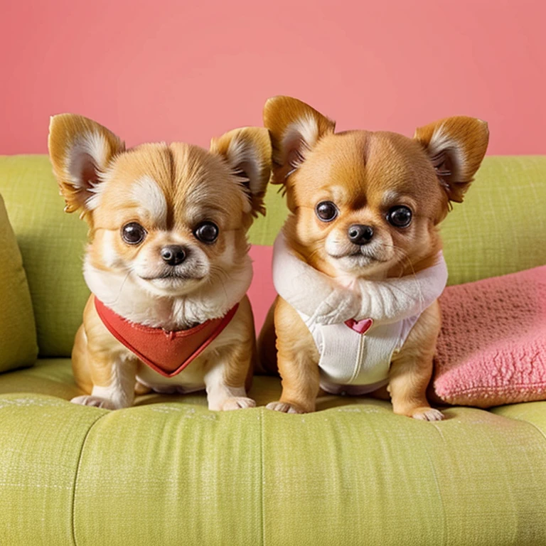 2694417826 two small Dogs sitting on a couch with a pillow and a pillow, a Romain Brook pastel, reddit, pop art, Pomeranian, Pomeranian mix, two Dogs, cute, high-quality upload, cuddly!!! , Dogs, beautiful, they're very serious, both smiling at the camera, cute, cute faces,
