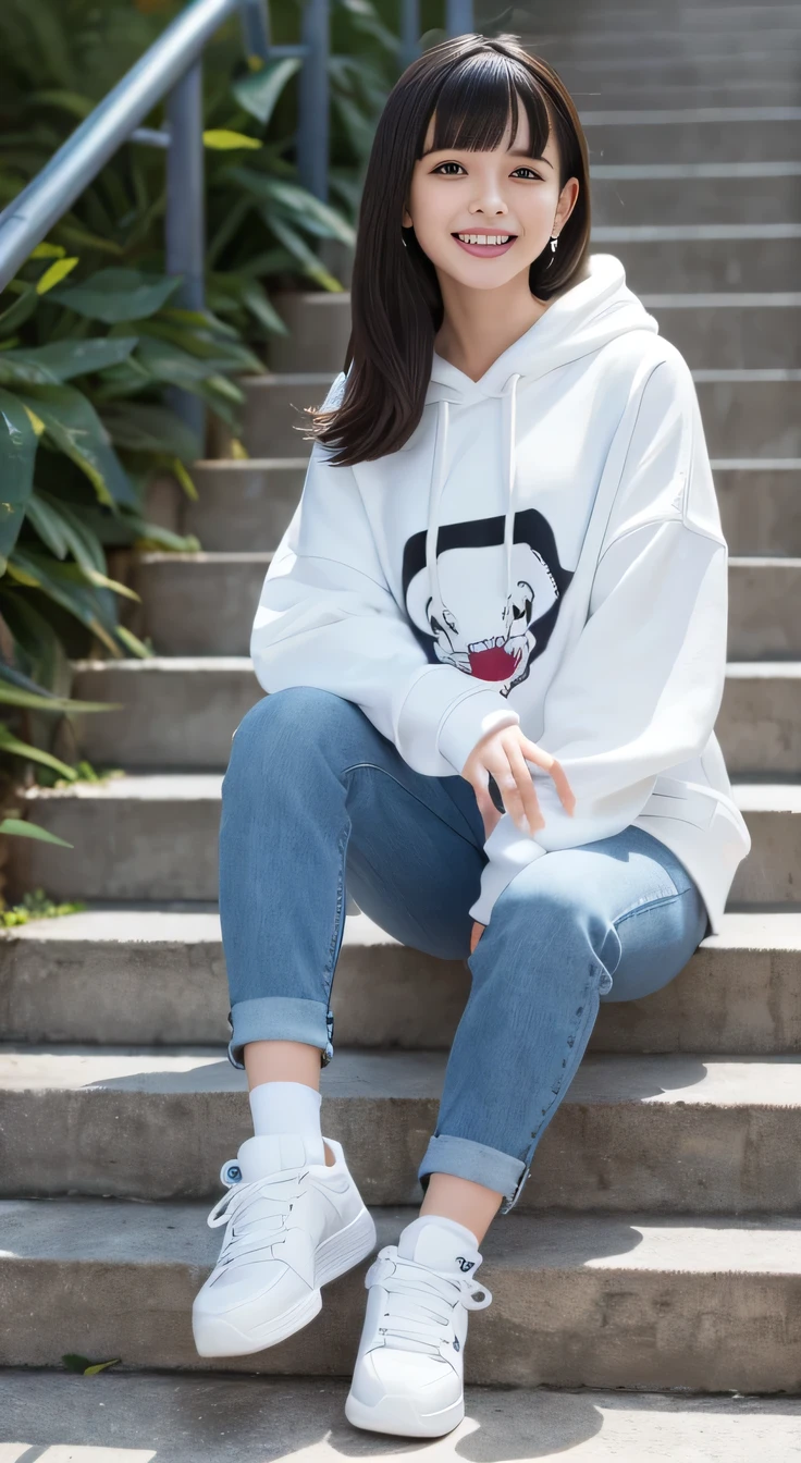 highest quality, Realistic, Very detailed, Finer details, High resolution, 8k wallpaper, One beautiful woman,Sit on the stairs、 Oversized hoodie, Skinny jeans, White sneakers、Putting on socks、Black Hair、 Beautiful Bangs、ear piercing、smile、Beautiful teeth alignment、Perfect dynamic composition, Beautiful and detailed, Full Body Shot, A big smile